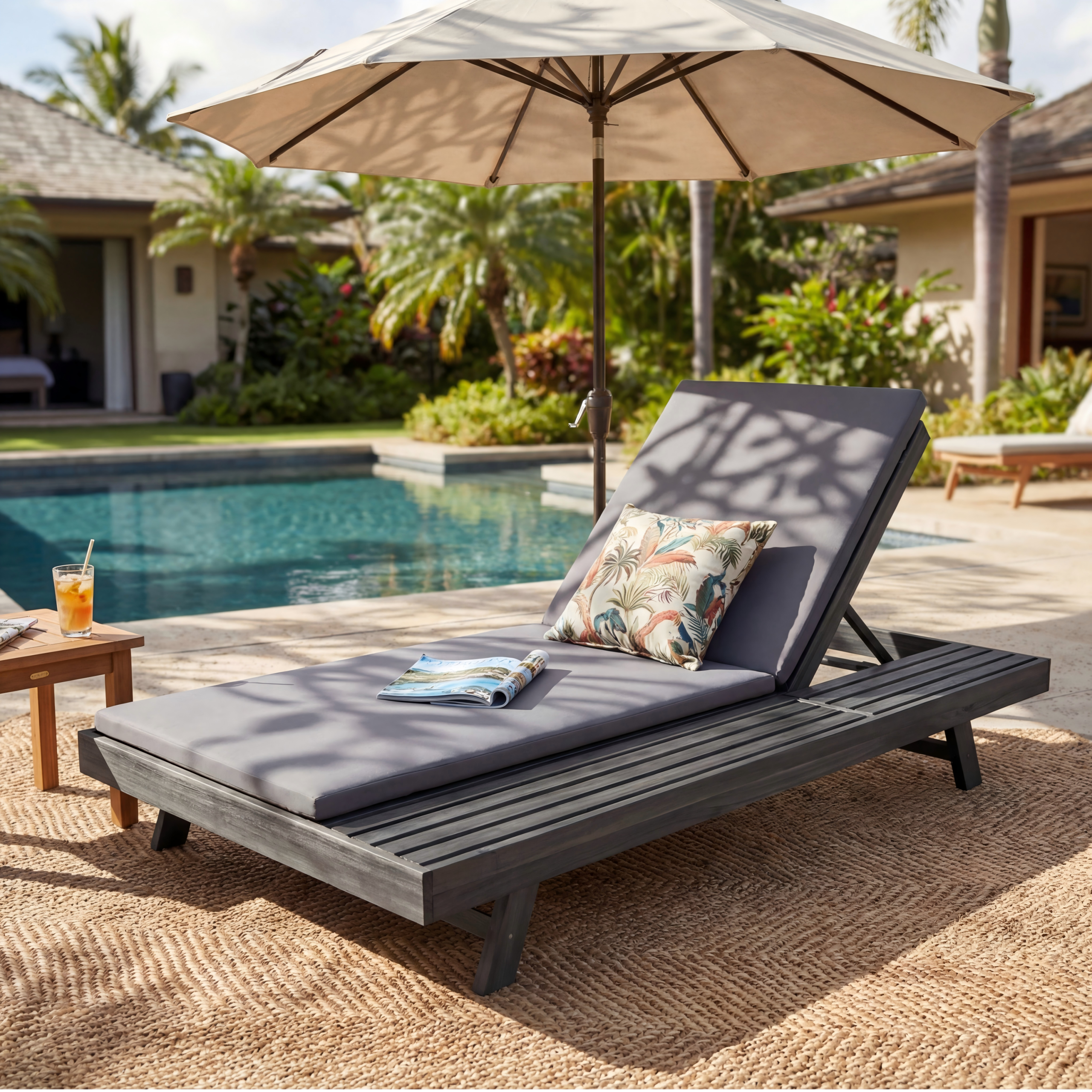 Lounge Chaise Set, Space Available On One Side, Acacia Wood In Black With Water-Resistant Lounge Cushions (Dark Grey & 2 Inch Thick) – Matching Cream/Leaf Coconut Version Available