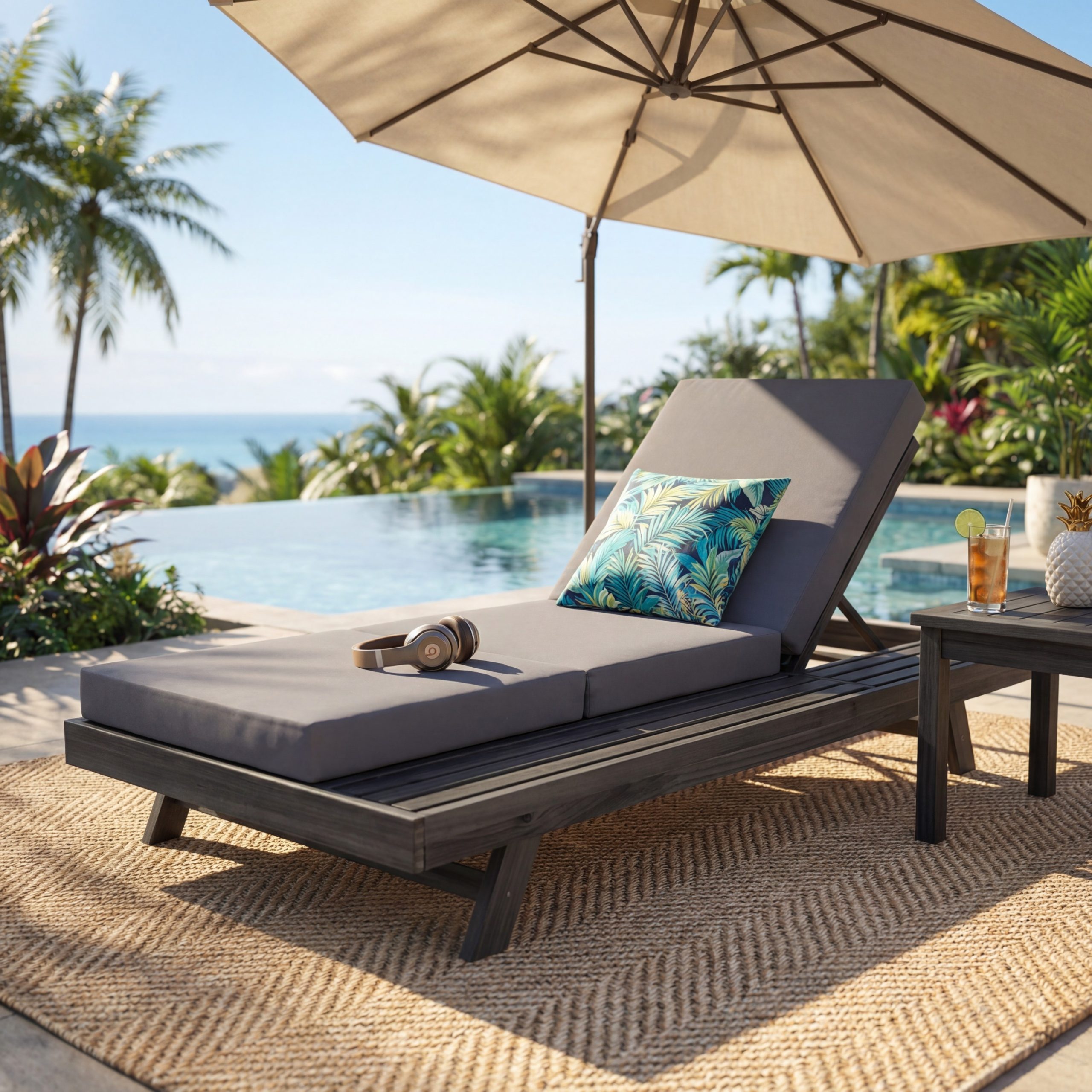Lounge Chaise Set, Space Available On One Side, Acacia Solid Wood In Black With Lounge Cushion (Dark Grey & Triple Fold) – Matching Cream Version Available