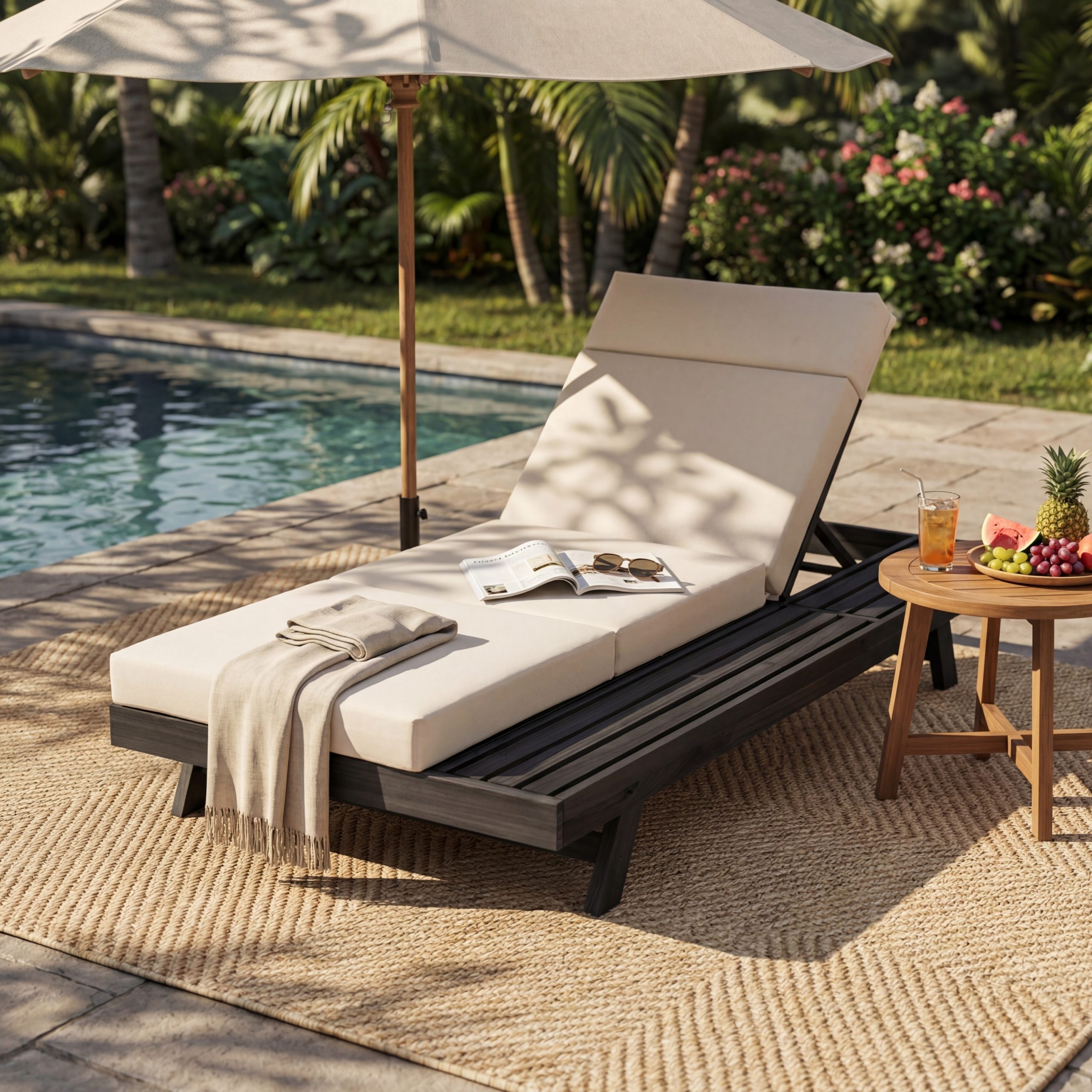 Lounge Chaise Set With Headrest, Space Available On One Side, Acacia Wood In Black With Water-Resistant Lounge Cushions (Beige & 3-Fold & 4 Inch) – Matching Dark Grey/Cream Version Available