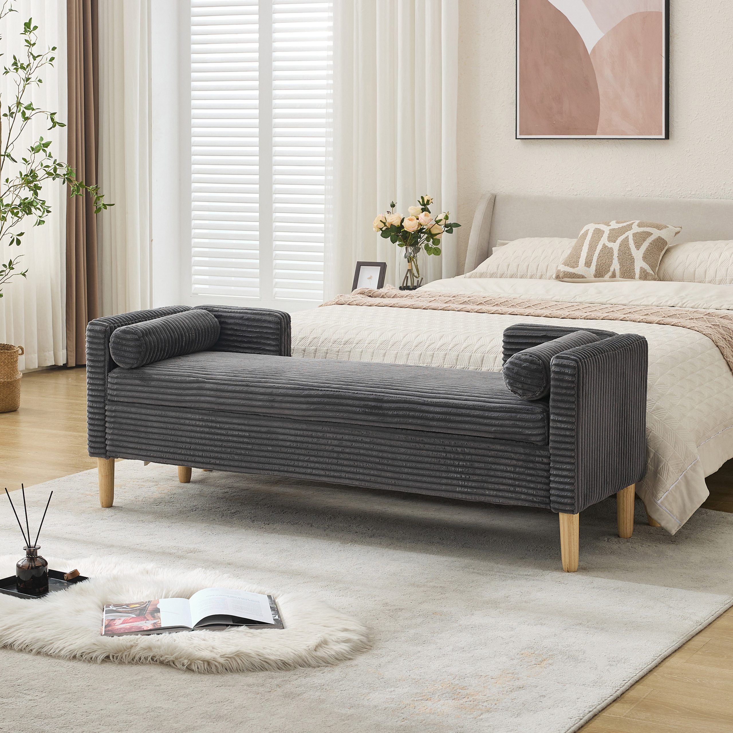 65.35″Wide Upholstered Flip-top Storage Accent Bed Bench, Corduroy Footrest Ottoman with Armrests&Backrest&2 Bolster Pillows Wood Legs for Living Room, End of Bed, Hallway, Entryway Bedroom. Charcoal
