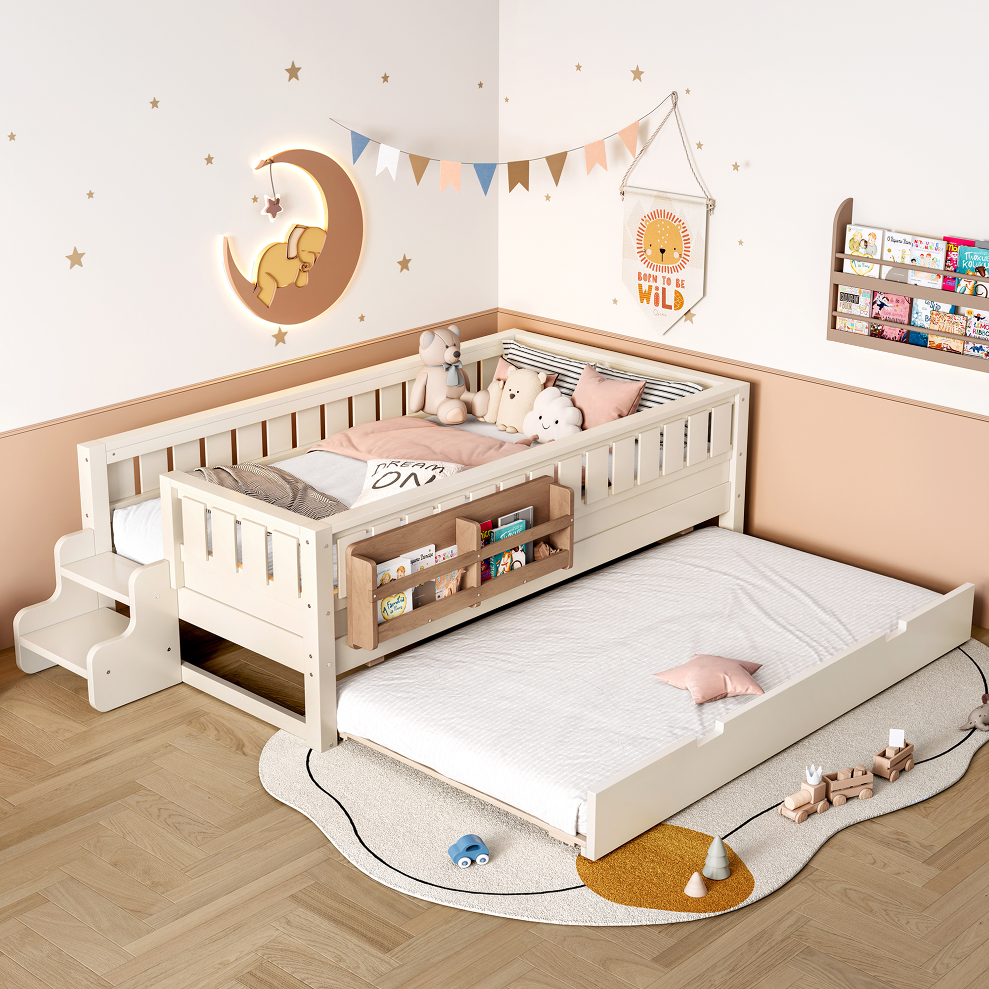 Twin with built-in bookshelves and small staircase, high-quality safety rails, and Trundle, Beige