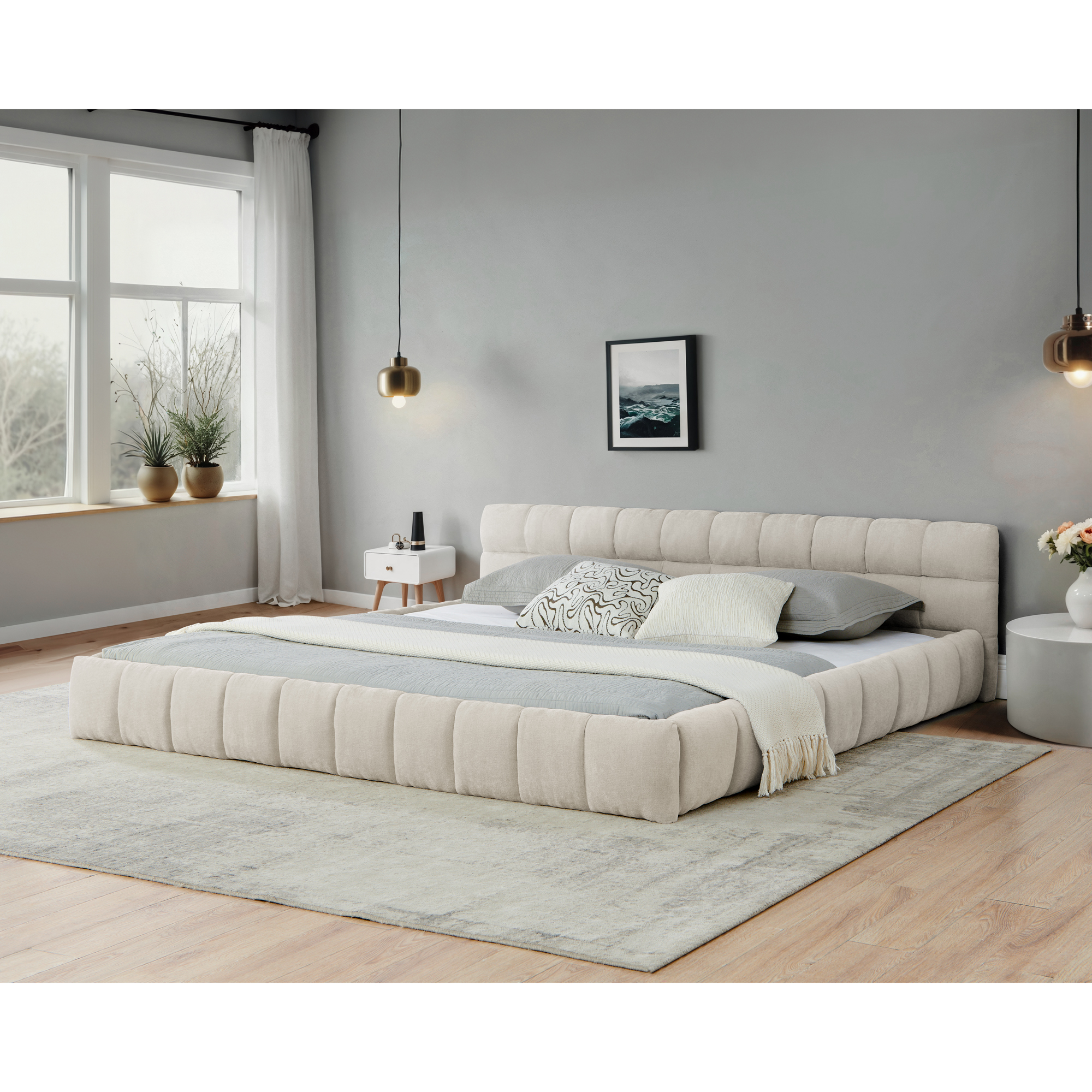 California King size Upholstered Bed Frame with Thick Fabric, Chenille Fabric Grounded California King Platform Bed with Headboard and Solid Frame. No Box Spring Needed-Beige(90.5”*80.5”*31”)