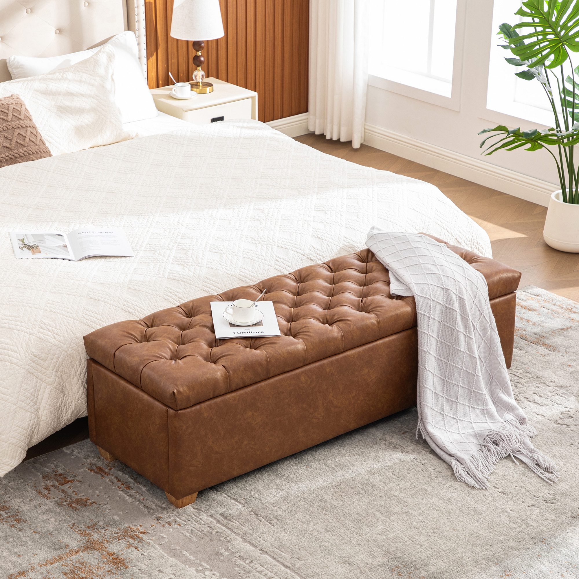 60.2” Wide PU Upholstered Storage End of Bed Bench, Tufted Flip-Top Accent Window Bench Footrest Stool Ottoman with Legs for Living Room, Bedroom, Entryway, Dining Room, Dorm, Corner, Brown