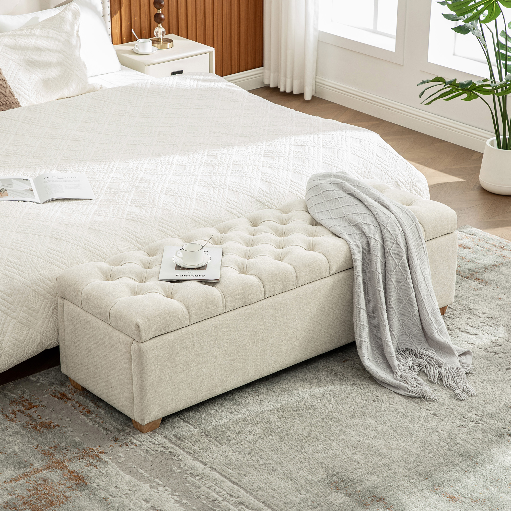 60.2” Wide Chenille Upholstered Storage End of Bed Bench, Tufted Flip-Top Accent Window Bench Footrest Stool Ottoman with Legs for Living Room, Bedroom, Entryway, Dining Room, Dorm, Corner, Beige