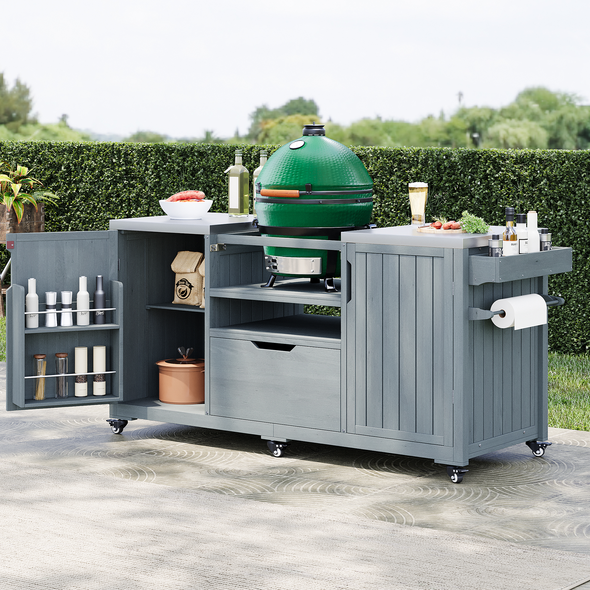 K&K 66.5″ Outdoor Kitchen Island for Big Green Egg Grills, Solid Wood Outdoor Grill Cart for Tabletop Grill with Stainless Steel Top, Drawer, Compatible with Large Big Green Egg, Kamado Joe- Grey Blue