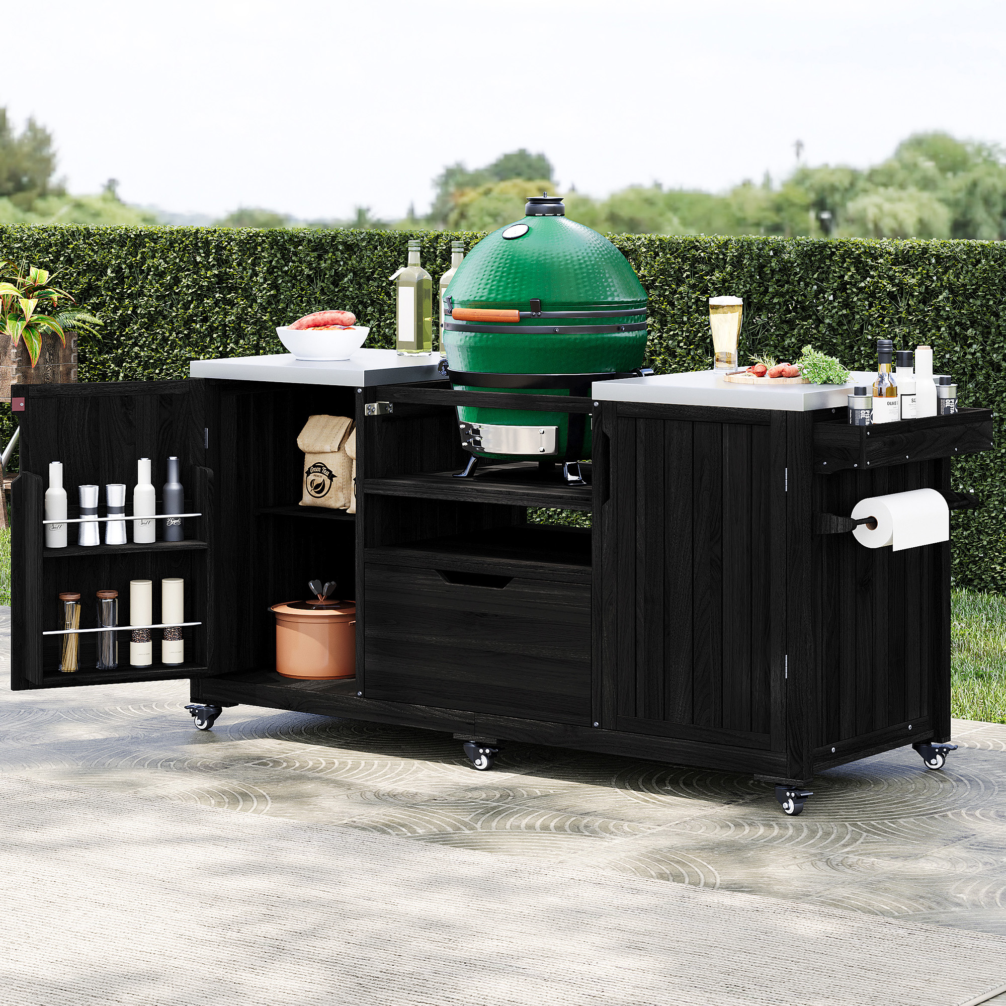 K&K 66.5″ Outdoor Kitchen Island for Big Green Egg Grills, Solid Wood Outdoor Grill Cart for Tabletop Grill with Stainless Steel Top, Drawer, Compatible with Large Big Green Egg, Kamado Joe- Black