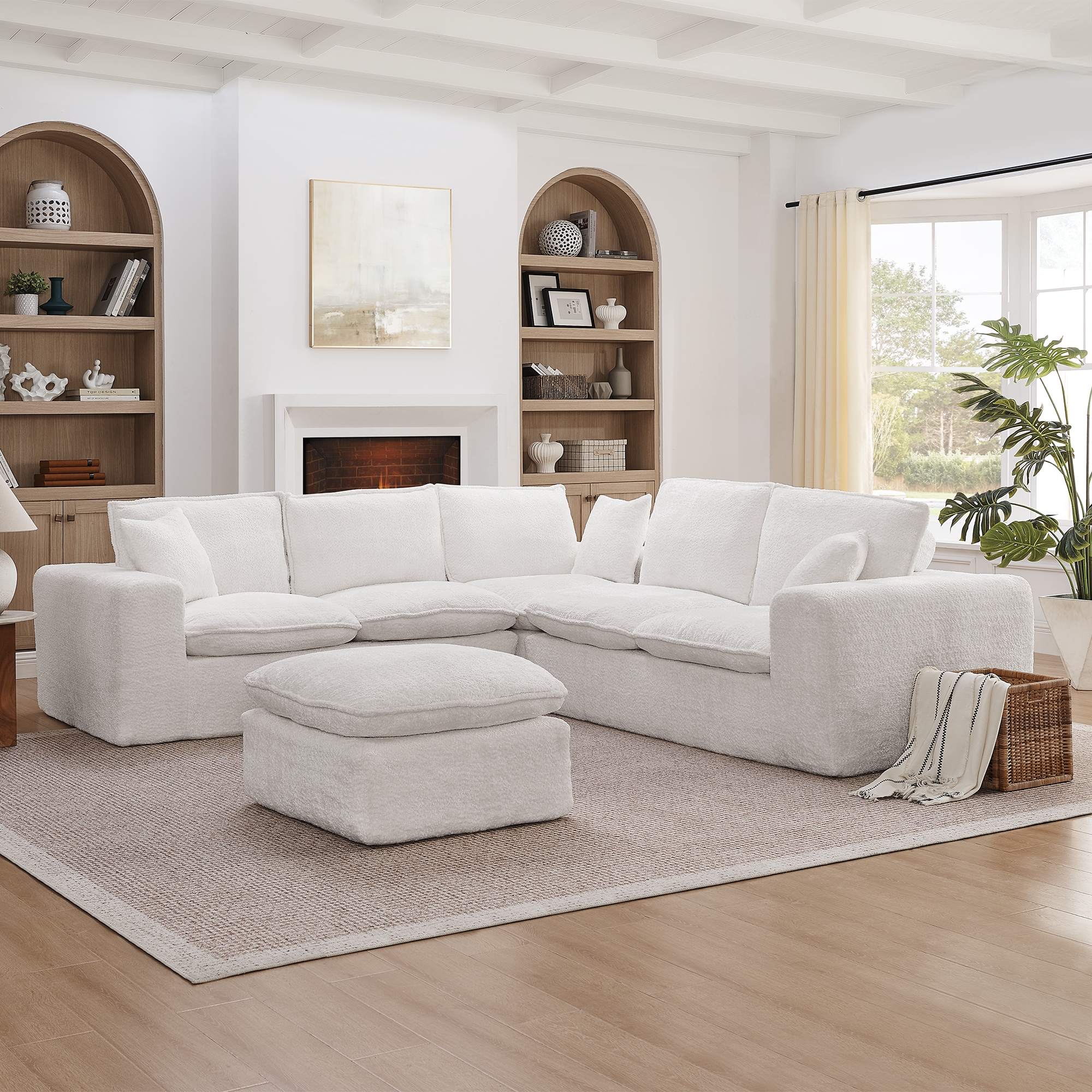 107” Modern Boucle L-shaped Sectional Sofa with  Moveable Ottoman for Living Room, Comfy Cloud Couch with Pillows, DIY Combination