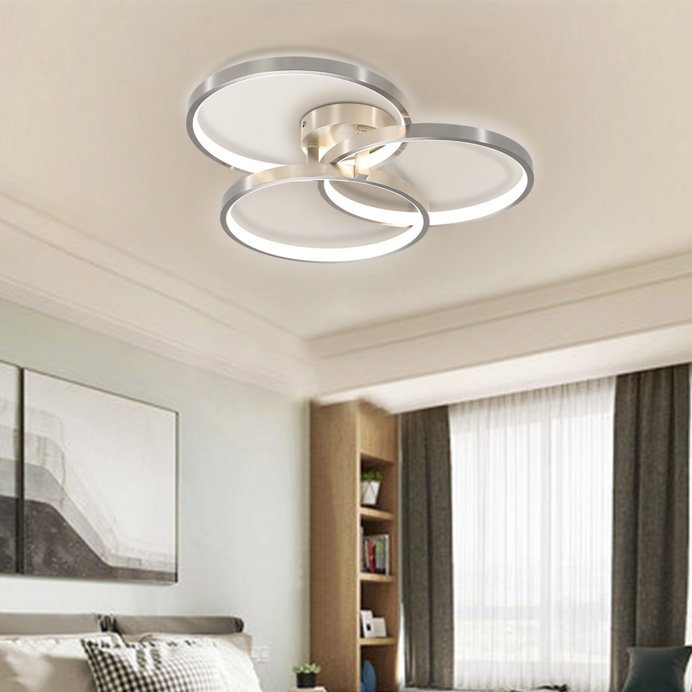 20″ Modern LED Ceiling Light Fixture – Circular 3-Ring Design, Dimmable, Contemporary Brushed Nickel Finish for Living Room, Bedroom & Office
