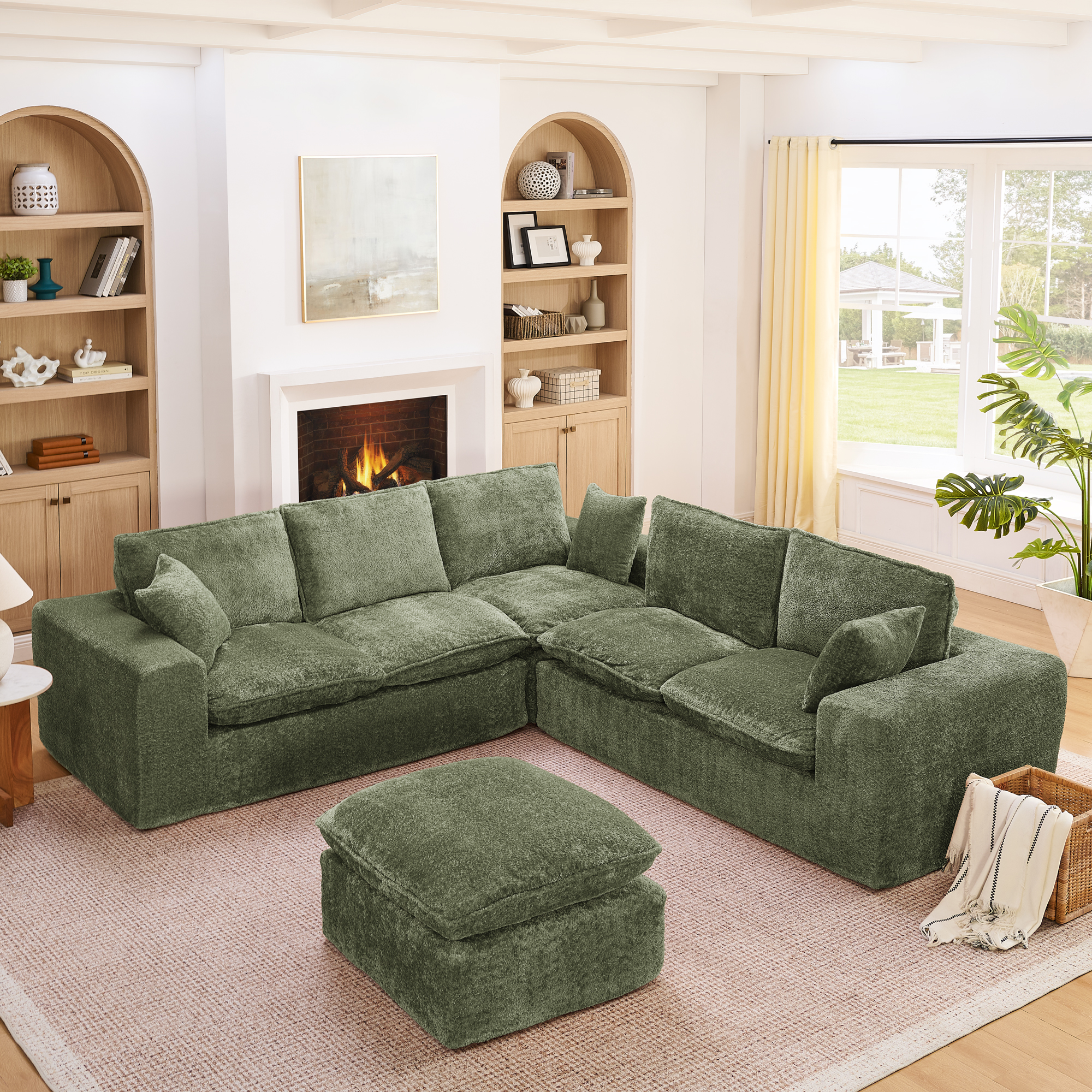 107” Modern Boucle L-shaped Sectional Sofa with Moveable Ottoman for Living Room, Comfy Cloud Couch with Pillows, DIY Combination