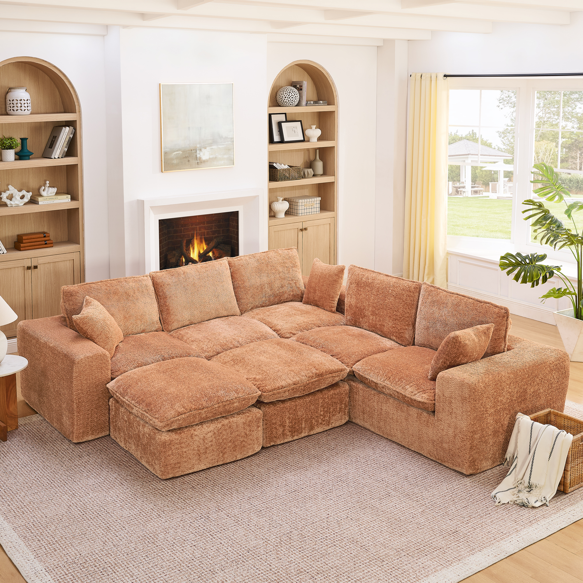 107” Modern Boucle L-shaped Sectional Sofa with Two Moveable Ottomans for Living Room, Comfy Cloud Couch with Pillows, DIY Combination