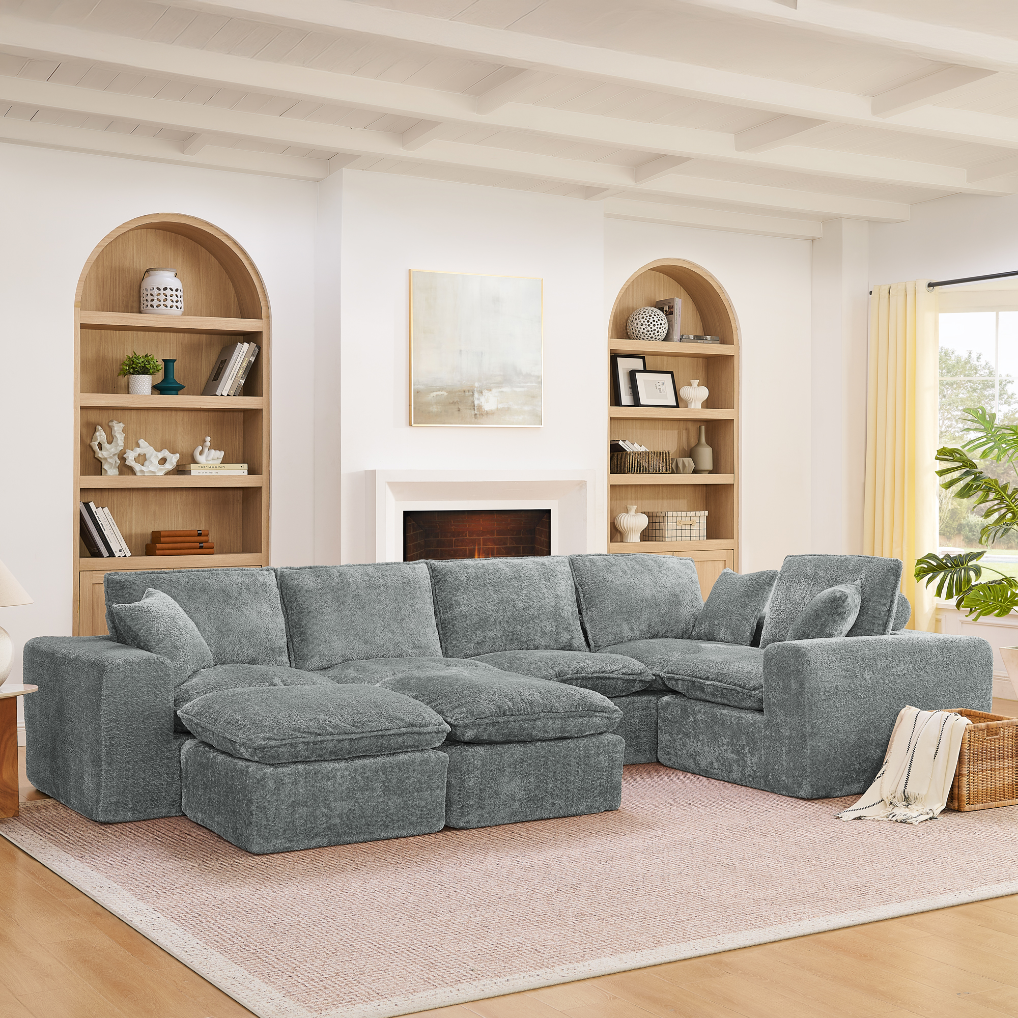 107” Modern Boucle L-shaped Sectional Sofa with Two Moveable Ottomans for Living Room, Comfy Cloud Couch with Pillows, DIY Combination