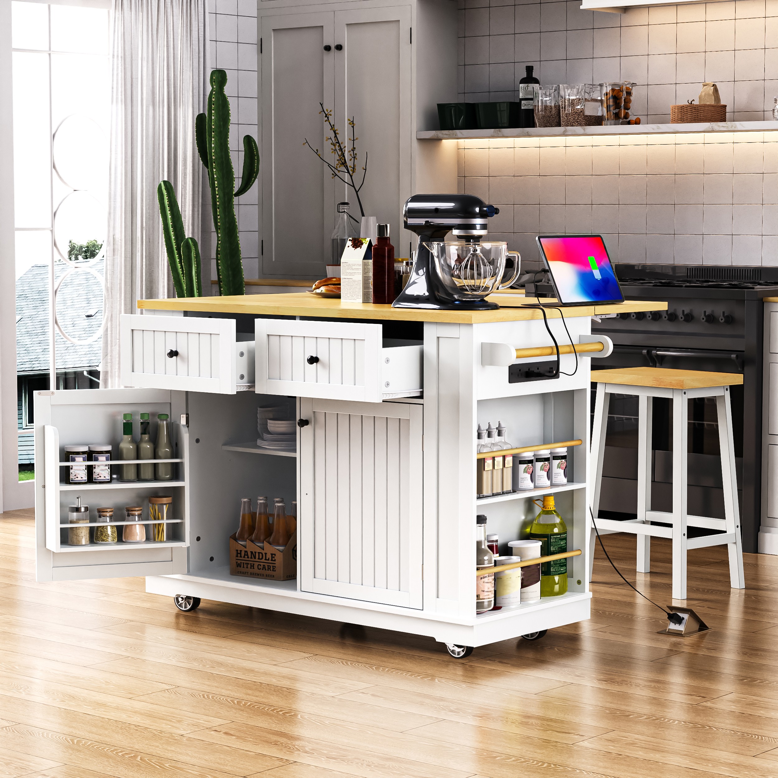 48 inch Kitchen Island with Drop Leaf,Power Outlet,Internal Storage Rack,Rolling Kitchen Storage Cart on 5 Wheels with 5 Open Side Racks for Kitchen,White (Old SKU N707P257057W)(Not Include Stools)