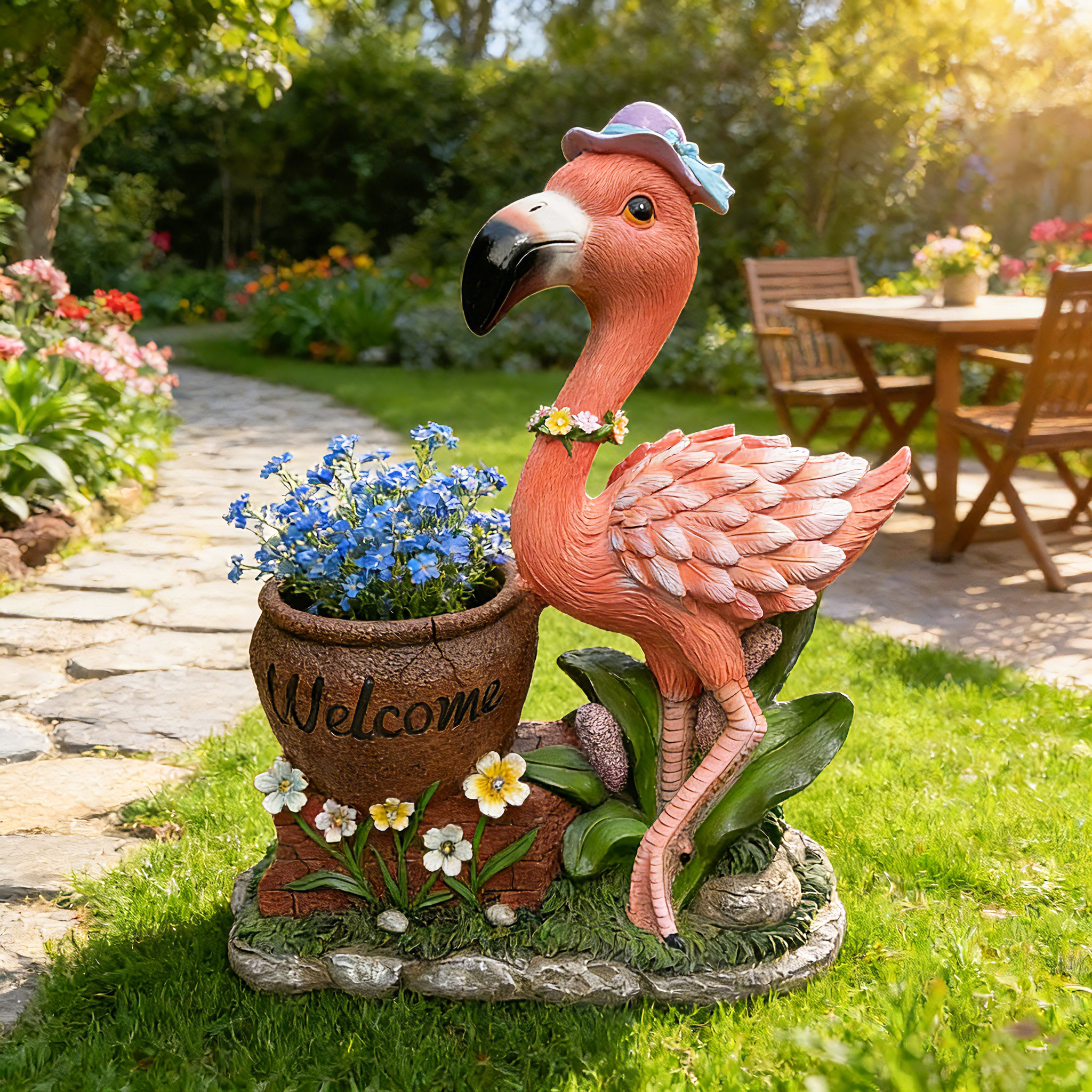 Outdoor Garden Sculpture Flamingo Flower Pot Planter – Unique Yard Statue Decoration, Interesting Law Outdoor Ornament