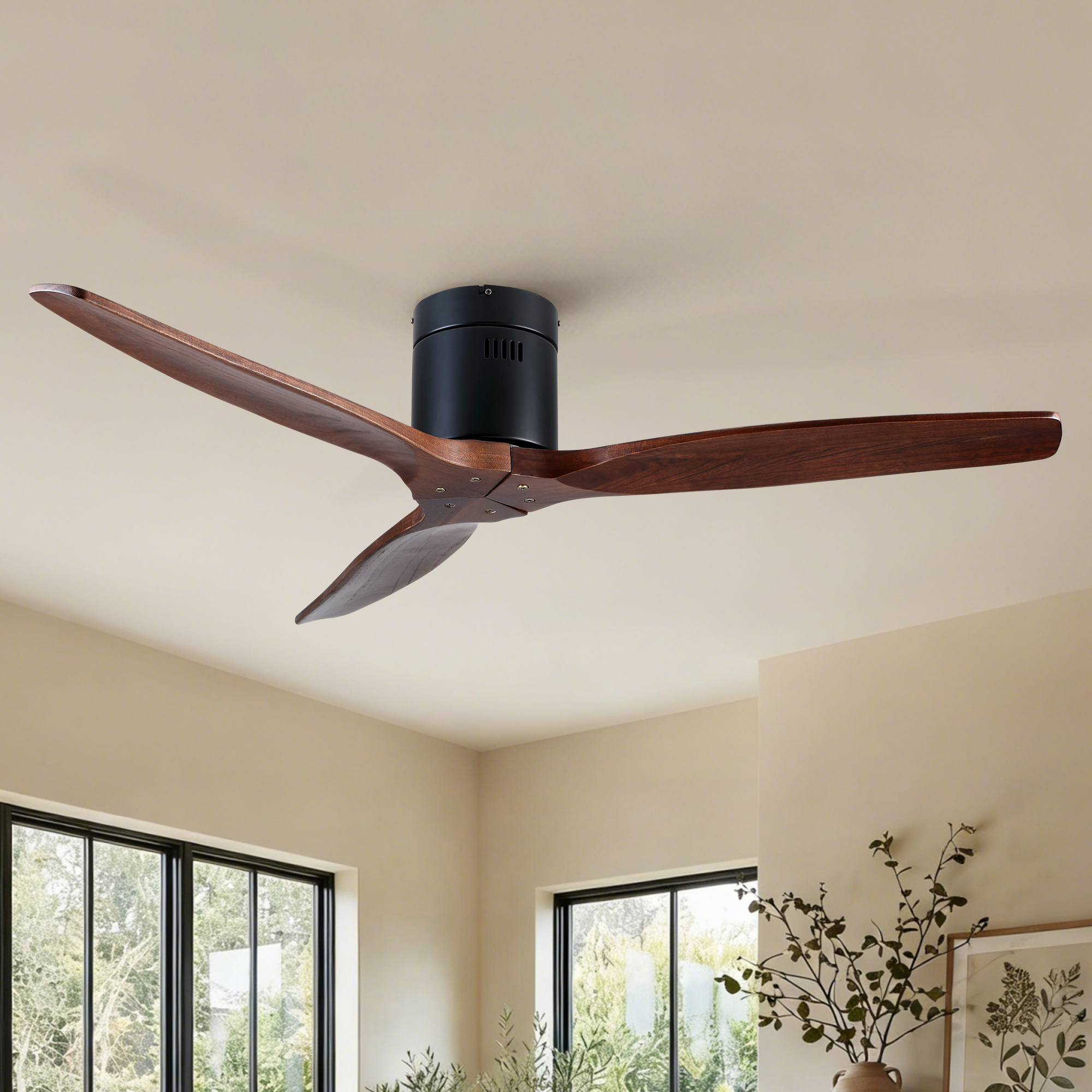 52 inch Indoor Farmhouse Rustic Ceiling Fan Matte Black with 3 Solid Wood Blade Remote Control Reversible DC Motor