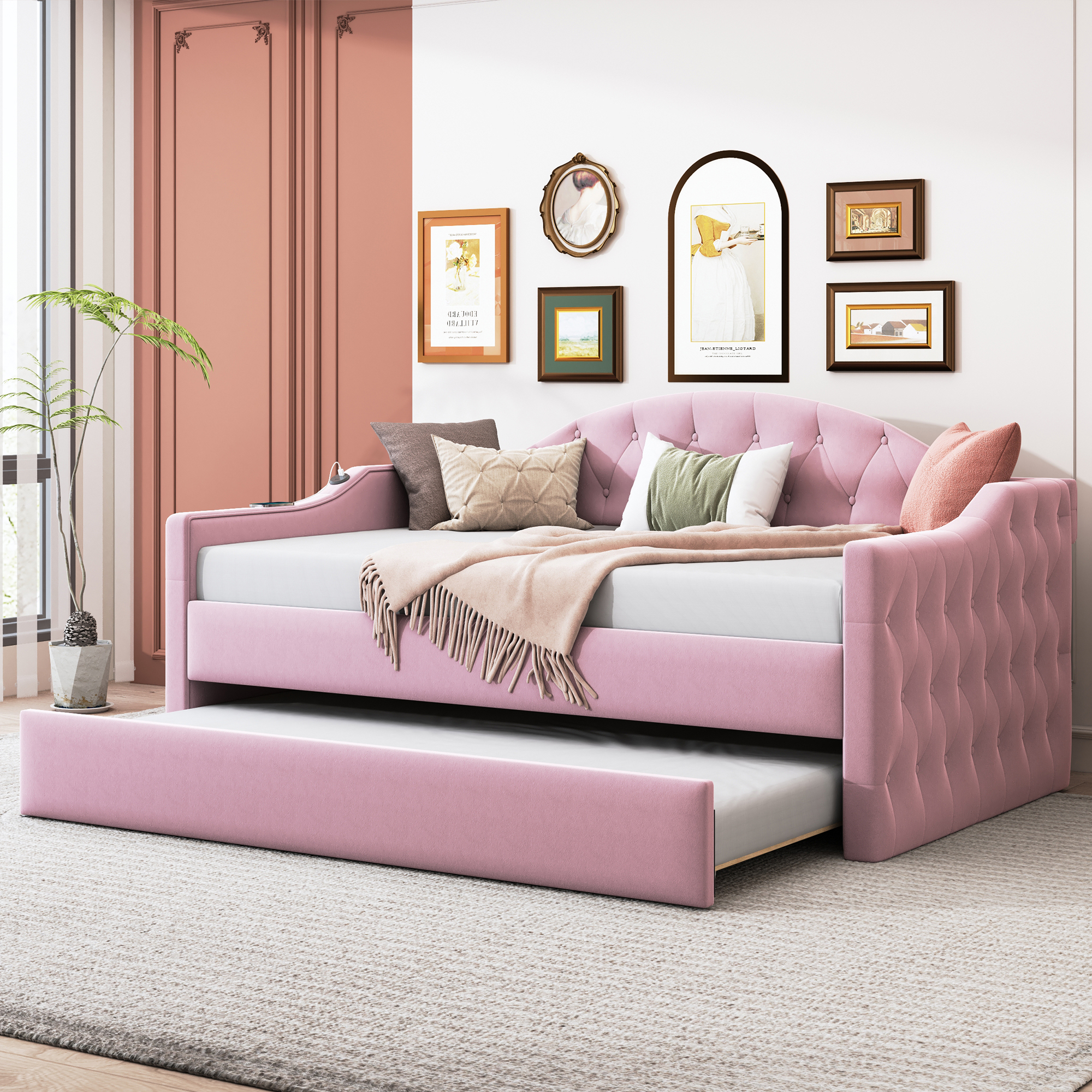 Twin Size Tufted Upholstered Daybed with Trundle ,Velvet Sofabed with USB&Type-C Charging Ports,No Box-spring Needed, Pink(Old SKU:HL000088AAH)