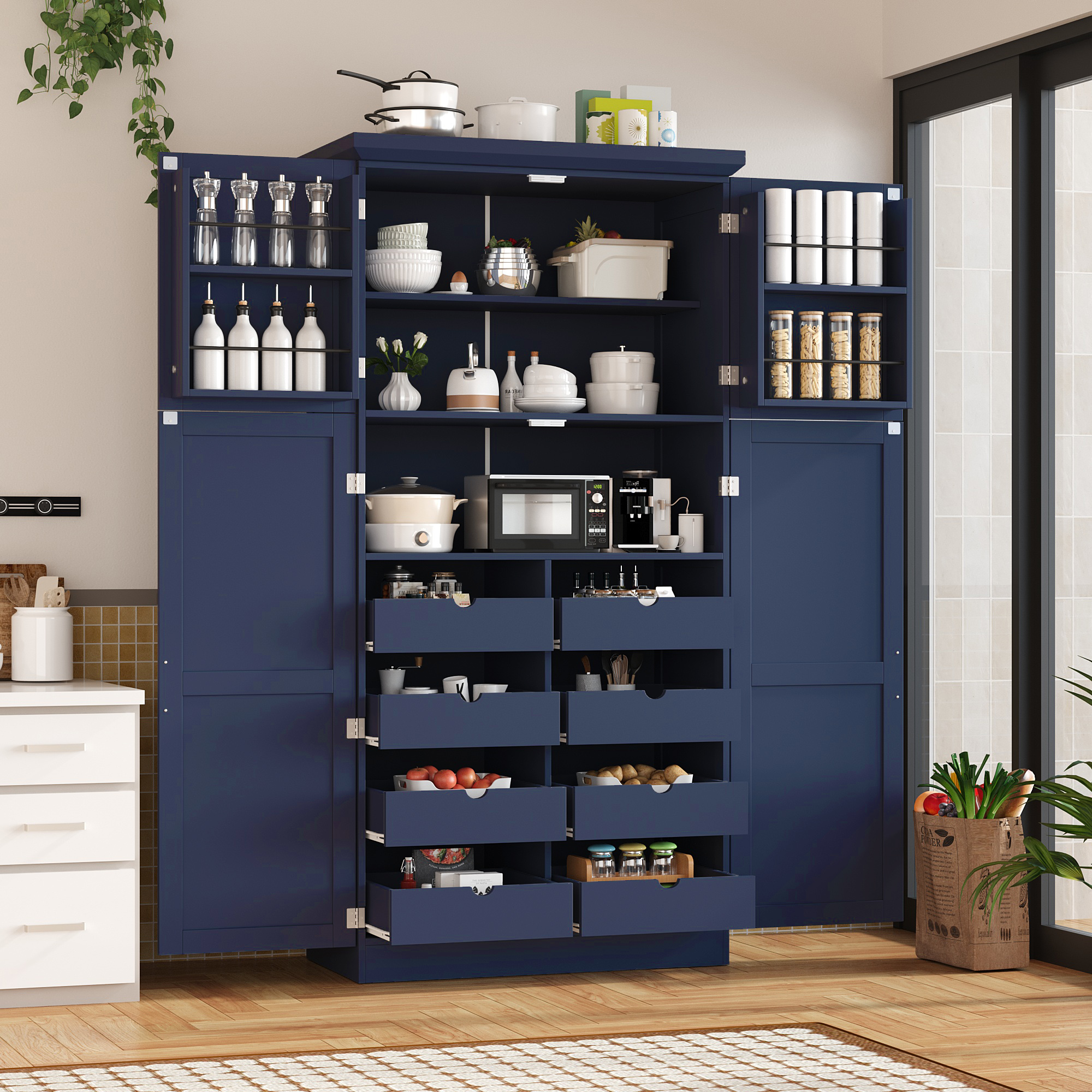 [Assembly Video Provided] TOPMAX 35.5×17.6×70.9inch Freestanding Kitchen Pantry Cabinet, Tall Storage Cabinet with 4 Doors, 2 Door Shelves, 8 Pull-out Trays and Adjustable Shelf for Dining Room, Blue