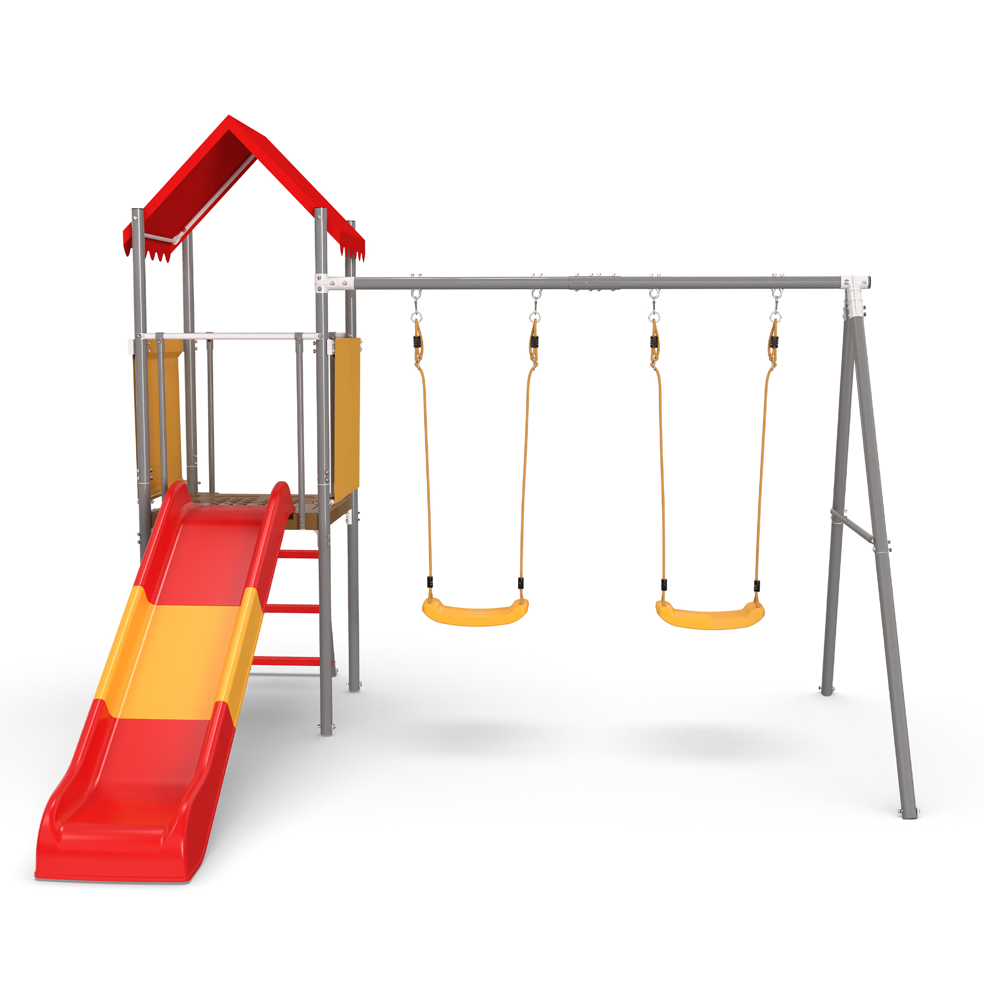 Metal and Plastic Treehouse Swing Set with Slide, Belt Swings, and Canopy – Safe, Sturdy, and Portable for Kids Ages 3-8