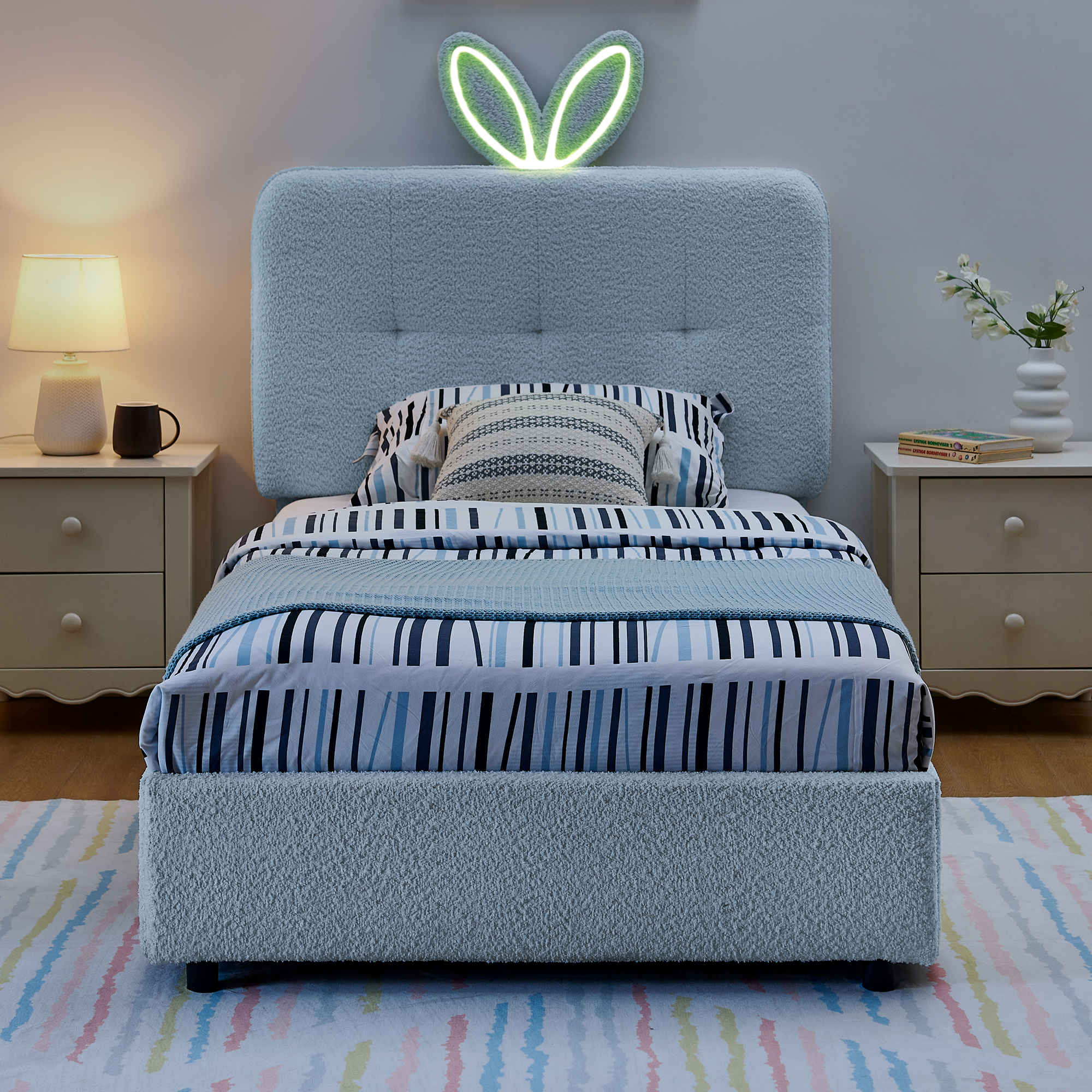 Twin Size Kids Upholstered Bed with Oversized Rabbit Ear Headboard, LED Light & 4 Storage Drawers, Boucle Fabric (79.5”X40.75”X41”)