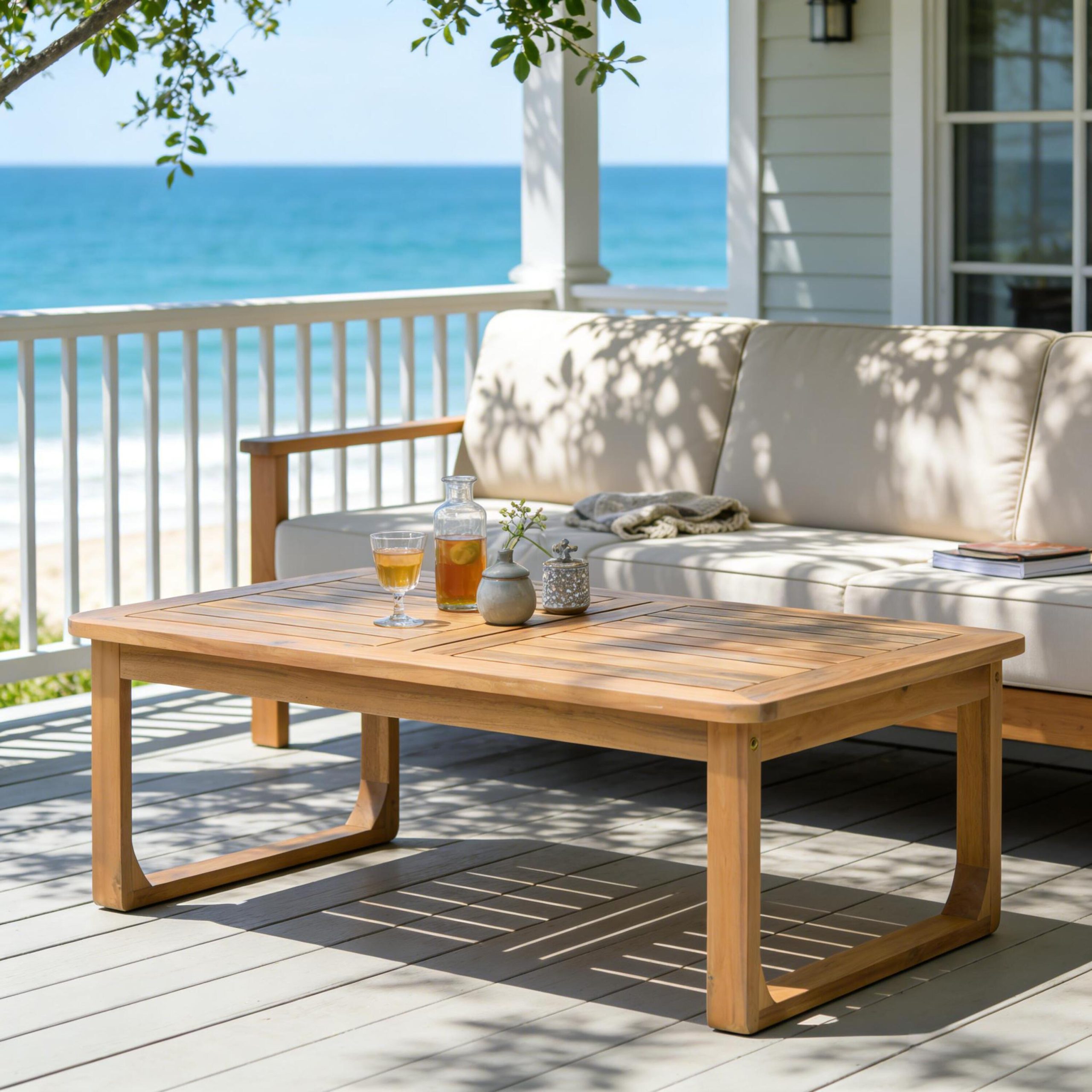 Acacia Wood Outdoor Coffee Table, Rectangular Patio Table with Curved Legs, Light Teak Finish, Durable Weather Resistant, Modern Minimalist Design, For Deck, Garden, Poolside