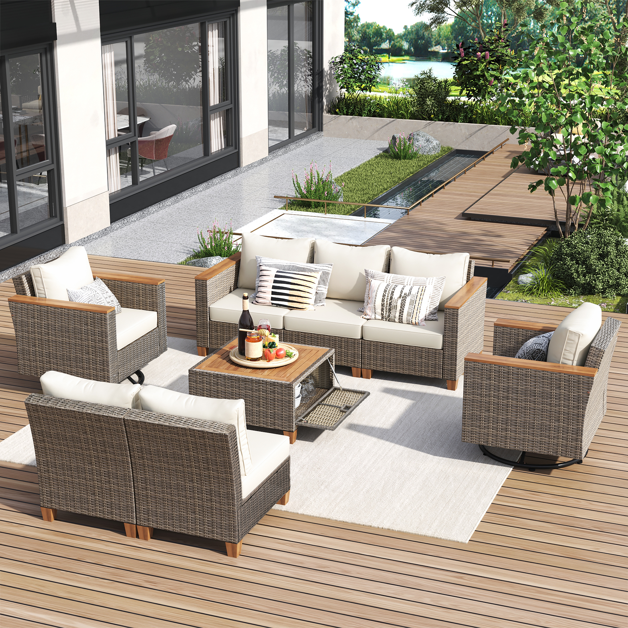 K&K 8-Piece Wicker Outdoor Patio Furniture Set with Thick Cushion, Rattan Patio Swivel Rocking Chairs Set of 2 with Acacia Storage Table , Wicker Conversation Set for Outdoor Couch, Backyard, Beige