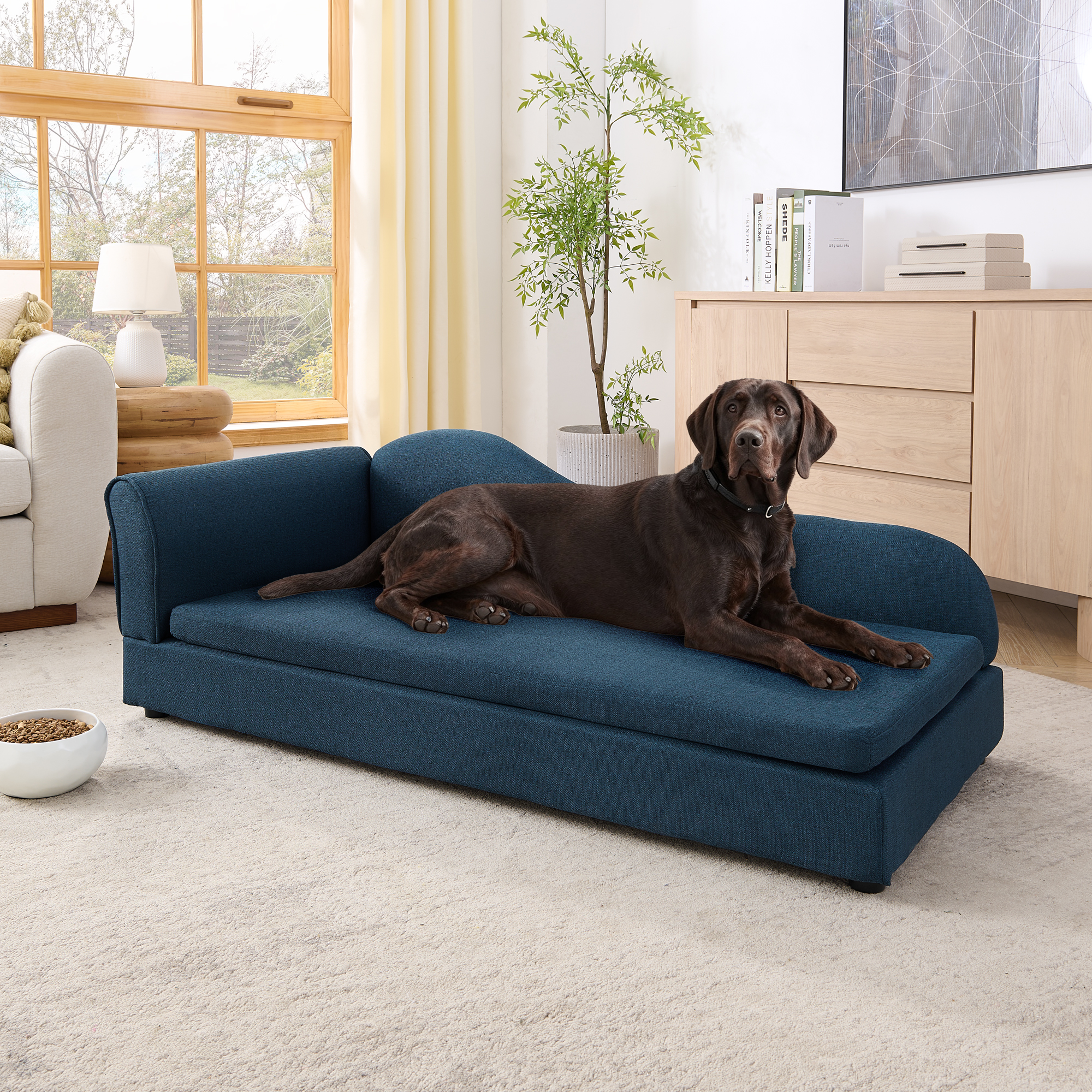 Oversized Pet Sofa for Medium/Large Dogs – Modern Irregular Wave Backrest, Single Armrest, Premium Breathable Linen Fabric, Soft Cushion & Low Plastic Feet-Dark Blue