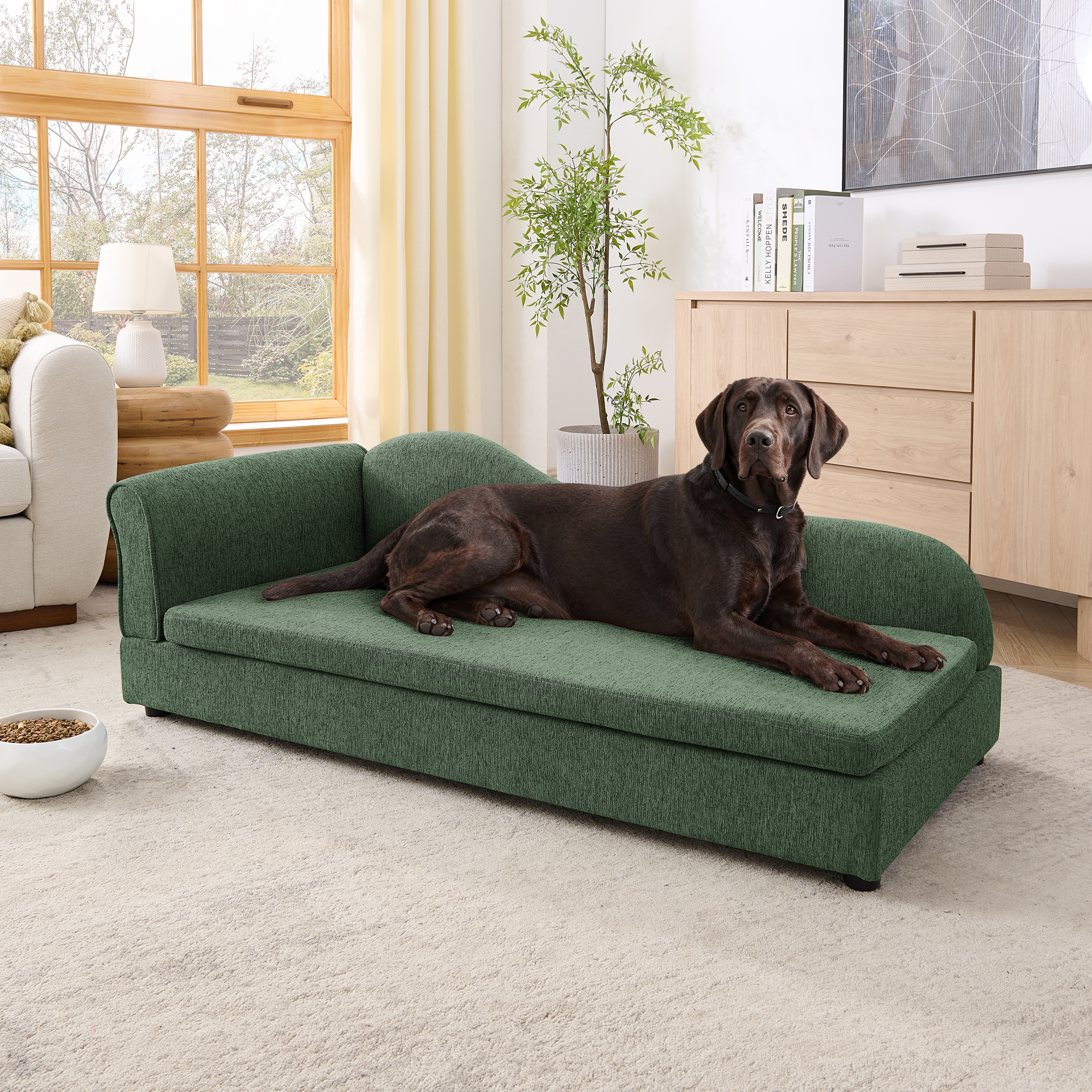 Oversized Pet Sofa for Medium/Large Dogs – Modern Irregular Wave Backrest, Single Armrest, Premium Breathable Linen Fabric, Soft Cushion & Low Plastic Feet-Olive Green