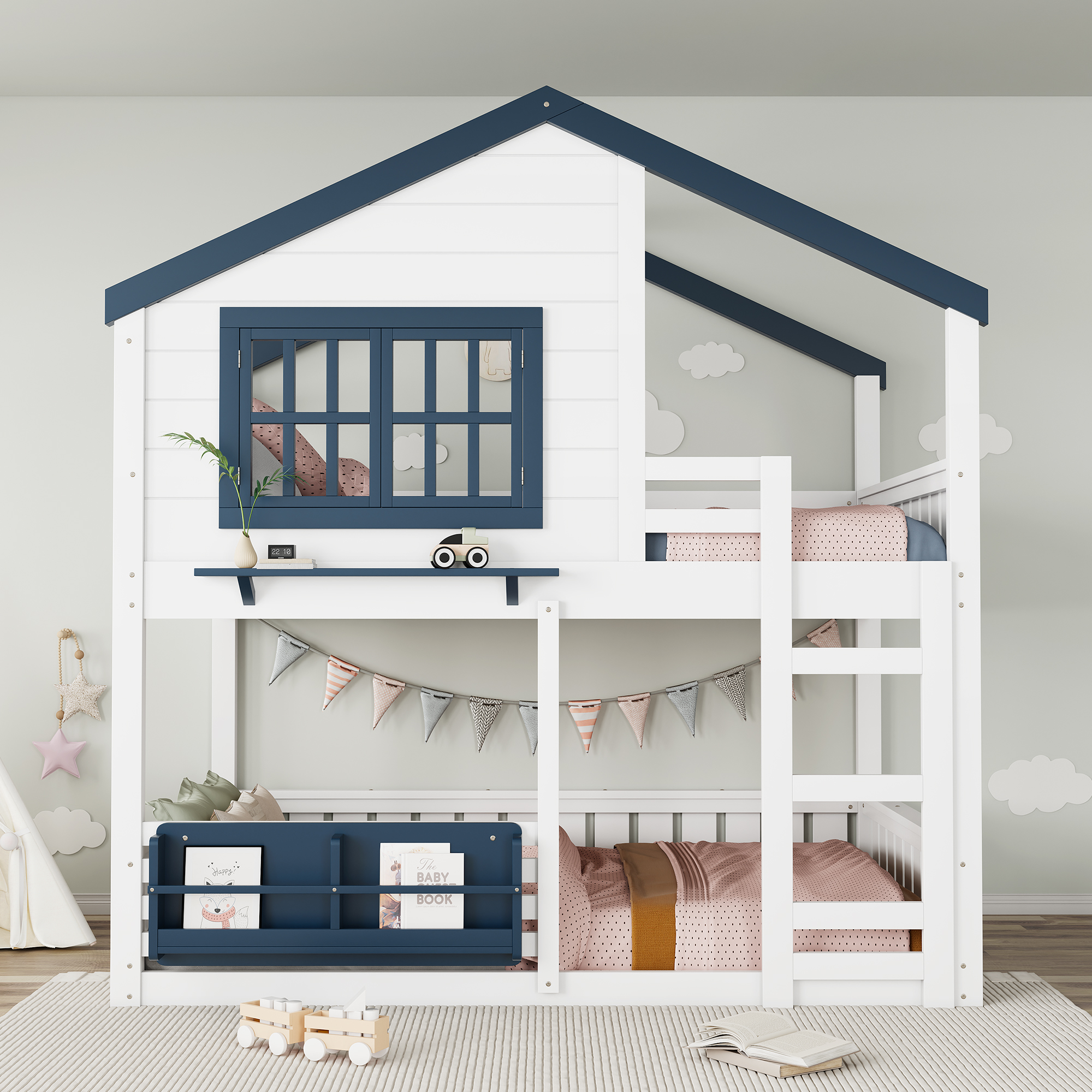 Full Size Bunk Bed/Loft Bed with Bookshelf, House Design, High-Quality Safety Fencing,White & Blue