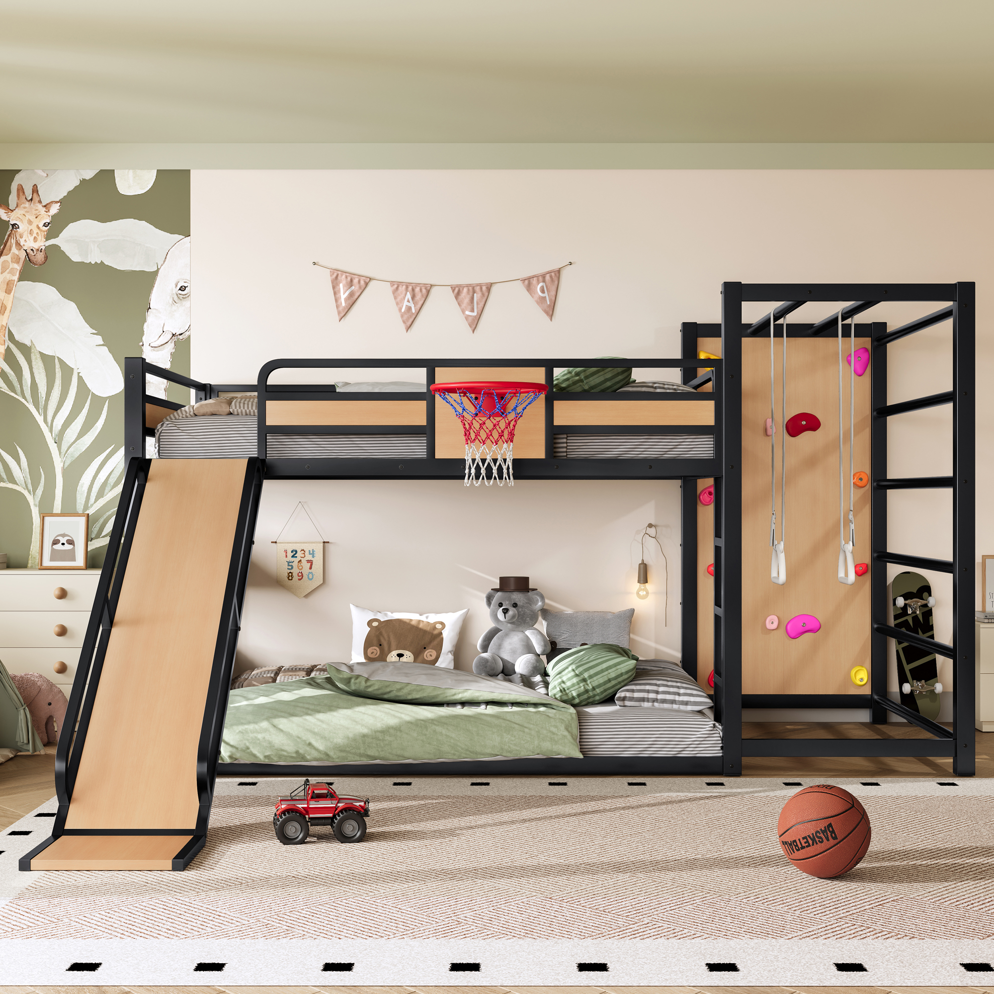 Full size metal loft bed with basketball hoop, pull-up rings, climbing wall, and built-in bookshelves. Playful children’s design featuring a slide,Yellow