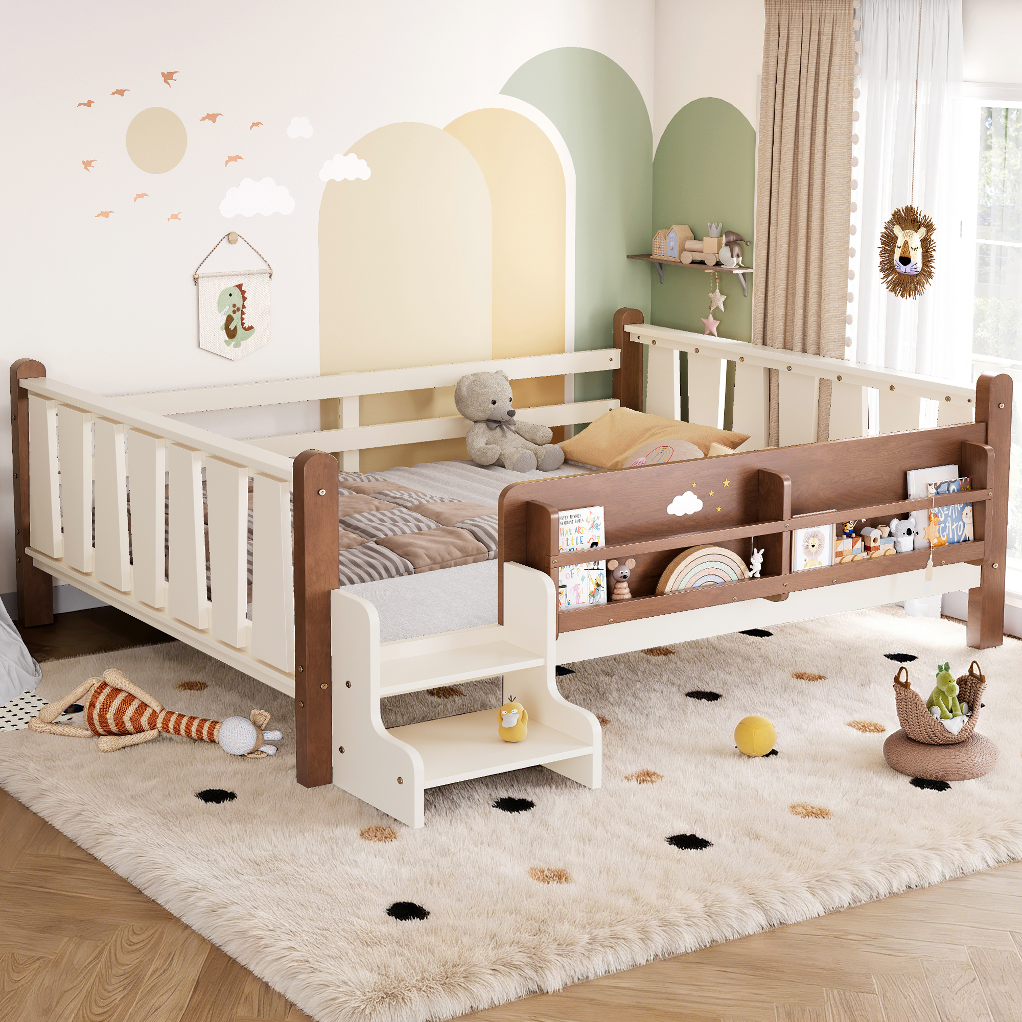 Full Size Floor Bed with Storage Bookcases, Solid Wood Kids Floor Bed with Cute Stairs and Guardrails, No Box Spring Needed, Beige