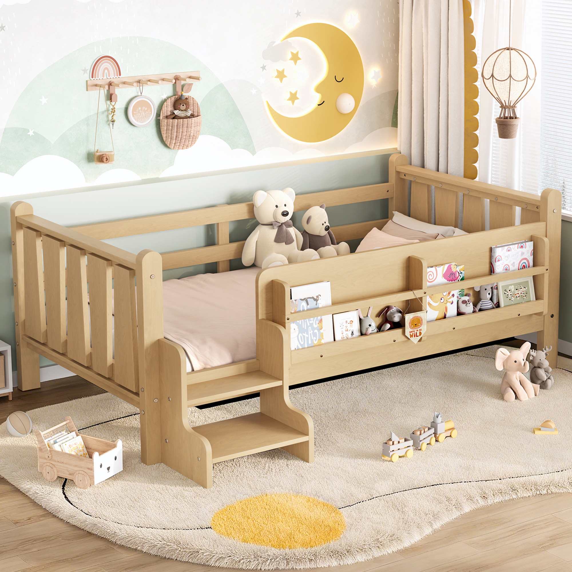 Twin Size Floor Bed with Storage Bookcases, Solid Wood Kids Floor Bed with Cute Stairs and Guardrails, No Box Spring Needed, Light Natural