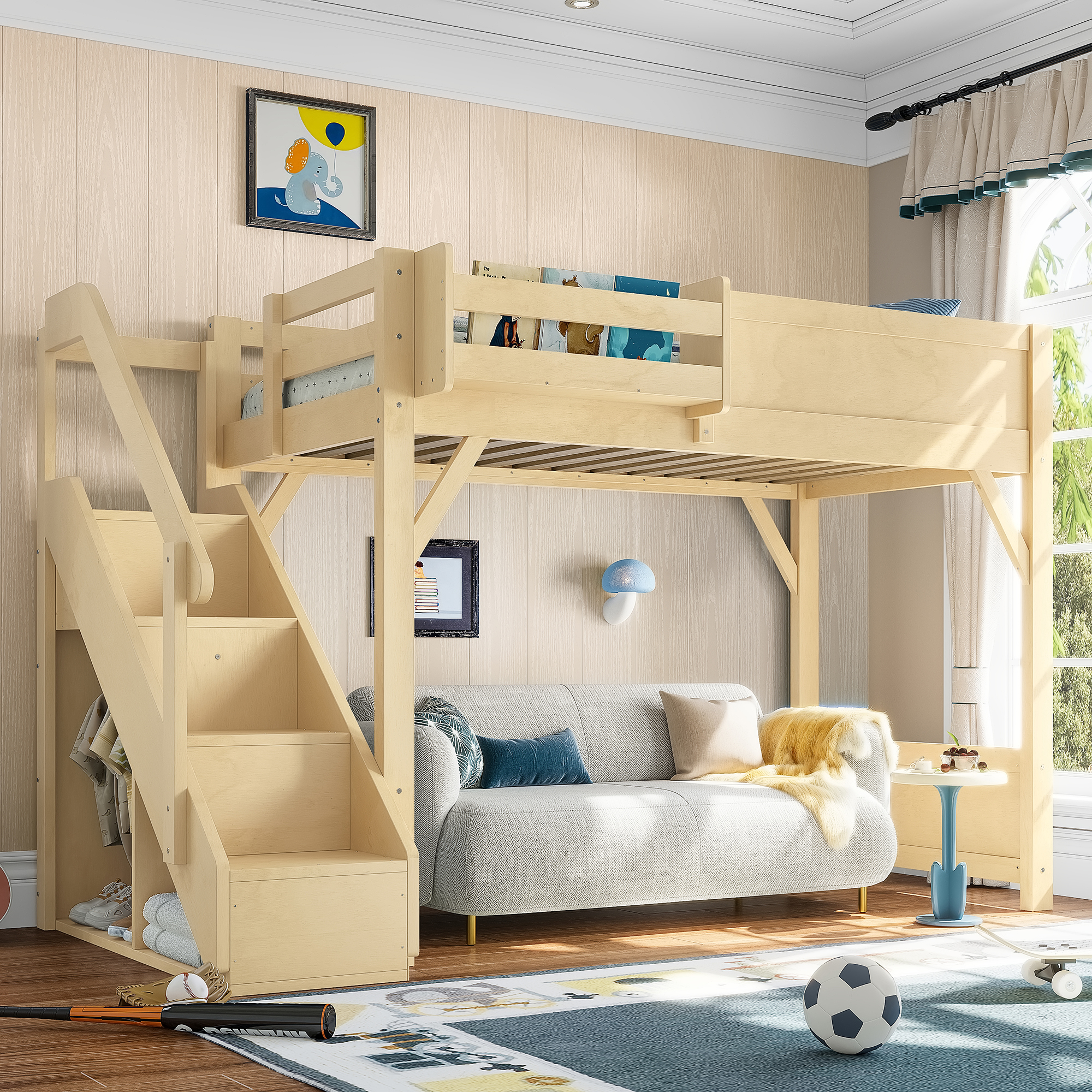 Twin Size Loft Bed with Built-in Wardrobe and Storage Space, Solid Wood Loft Bed with Beside Shelves, Full-length Guardrails and Stairs, No Box Spring Needed, Natural
