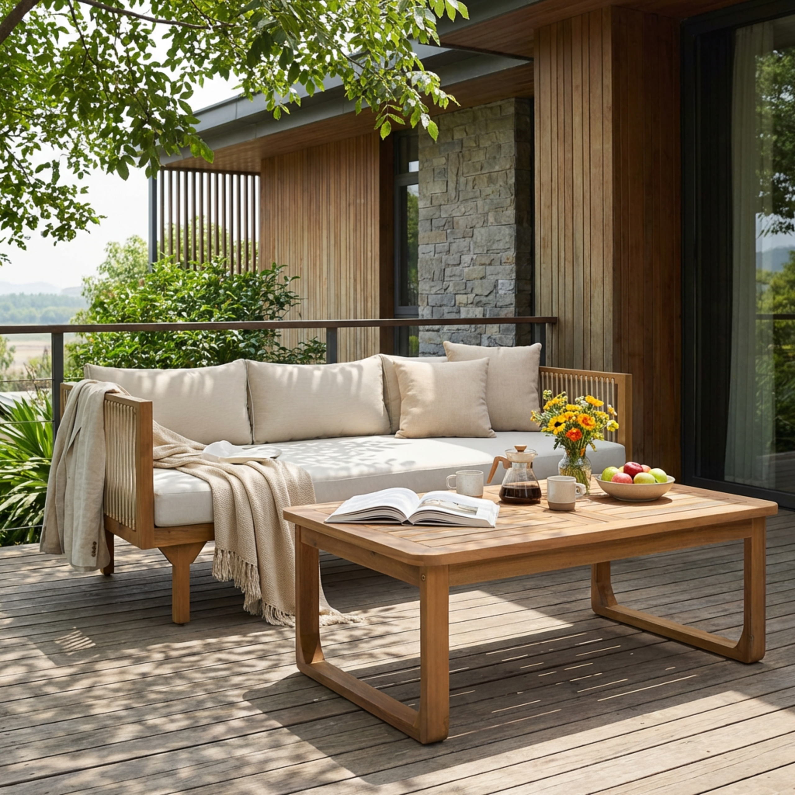 2-Piece Outdoor Patio Set: 3-Seater Daybed with Light Grey Cushions & Light Brown Rope + Rectangular Coffee Table with Curved Legs, Acacia Wood, Light Teak Finish, Modern Minimalist Design, For Deck,