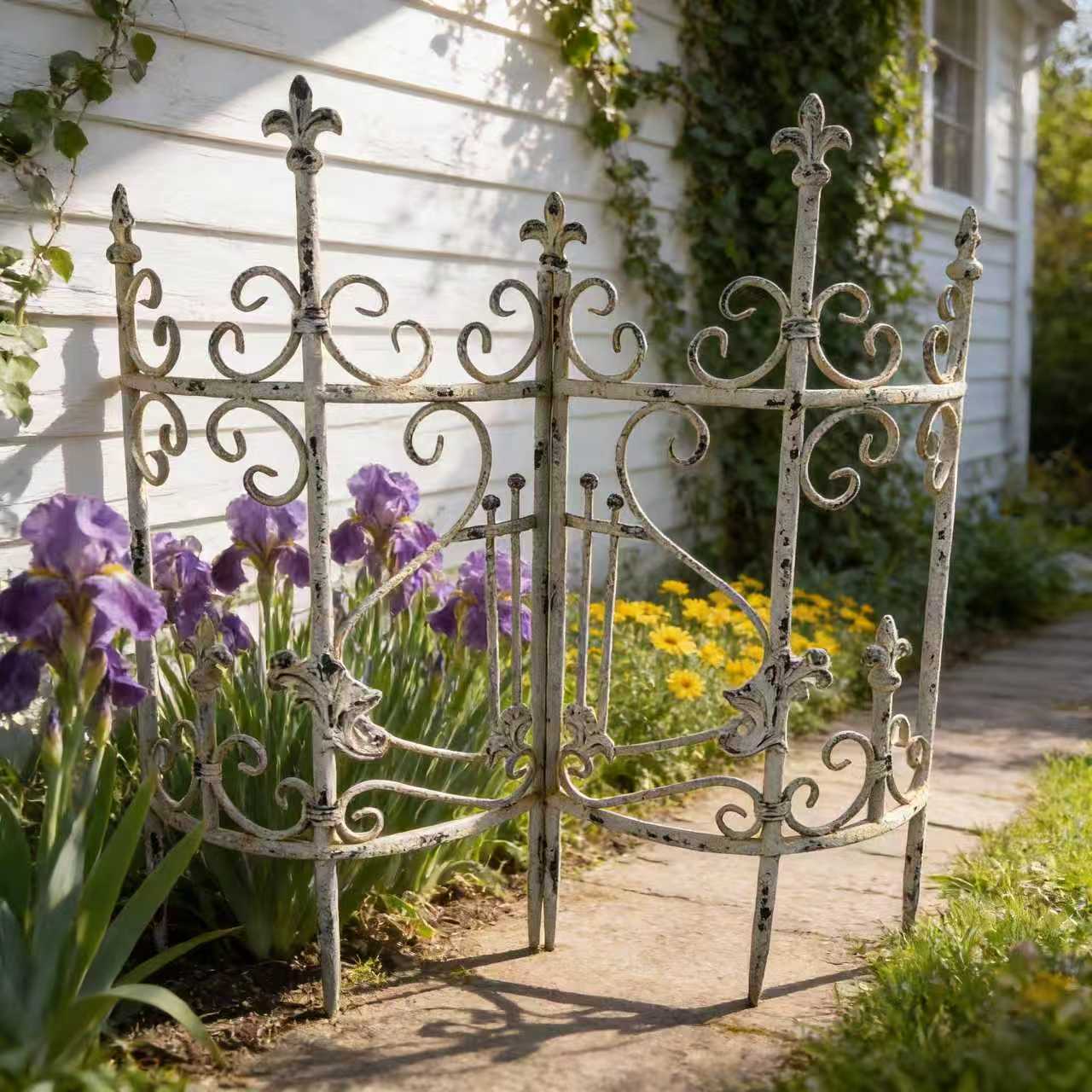 Sungmor 31.1” by 28.34”Iron Garden Fence, Pretty Vintage Green Rustic Style Decorative Fence Pannels, Outdoor Yard Landscape Pathway Border Panels Anti Animal Flowers Plants Barrier Climbing Trellis