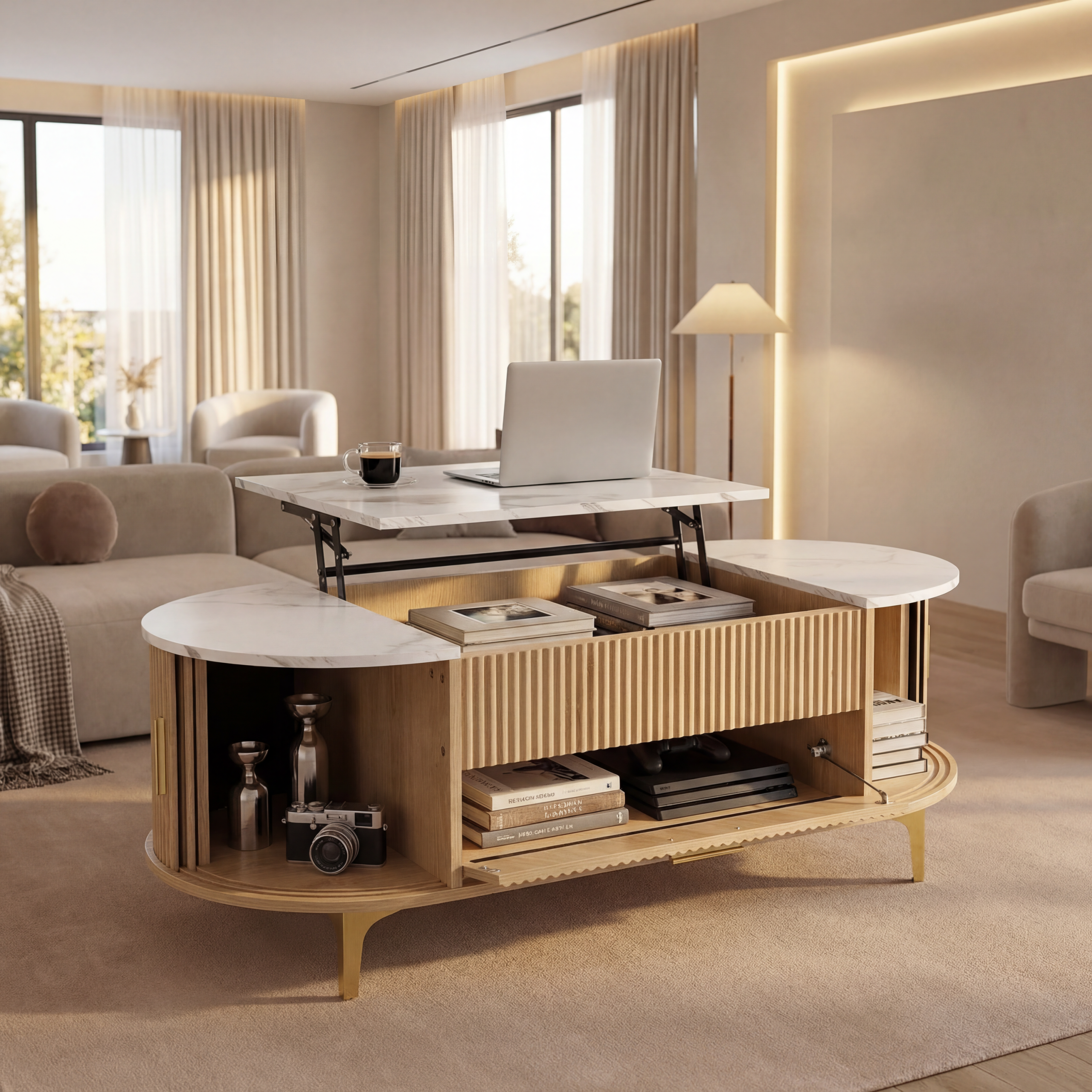 Lift-Top Coffee Table with Storage: Natural Oval Base, White Marble Top, Gold Metal Legs, Modern Contemporary Living Room Furniture