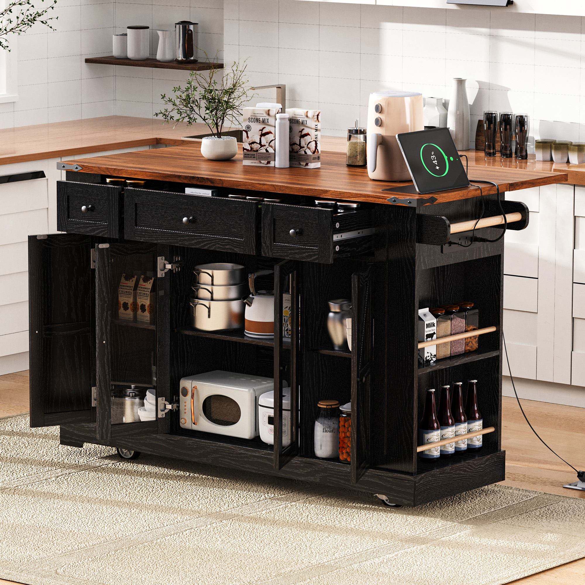 K&K 53” Farmhouse Kitchen Island with Two Tempered Glass Cabinet Doors, Power Outlet, Rolling Kitchen Cart on Wheels with Drop Leaf, 5 Open Side Racks, 3 Drawers, for Kitchen, Dining Room, Black