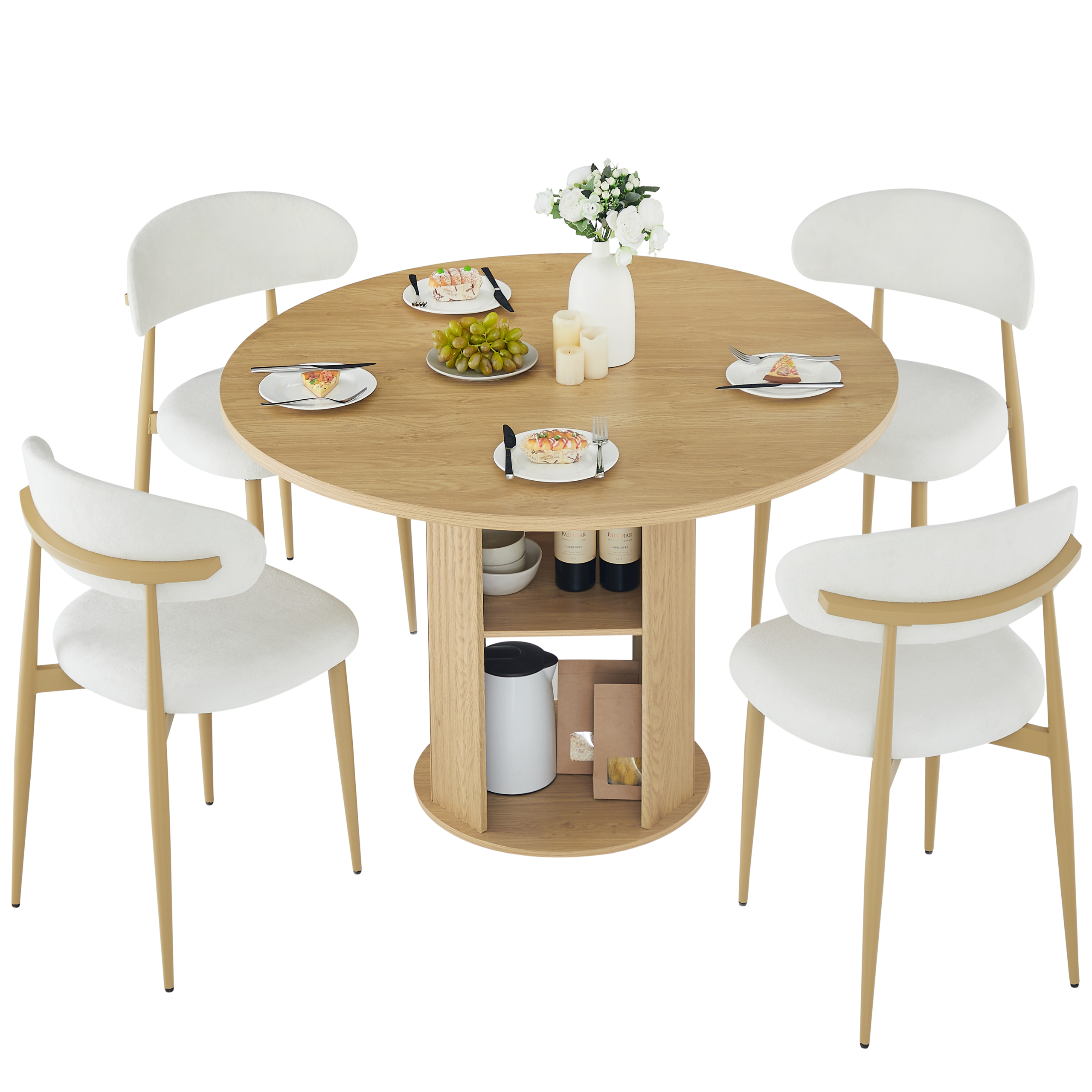 47.24″ Round Dining Table (Serves 2–4) with Two Dining Chairs Blends modern and farmhouse styles, featuring a double-tiered storage shelf, suitable for dining rooms or living spaces.Natural