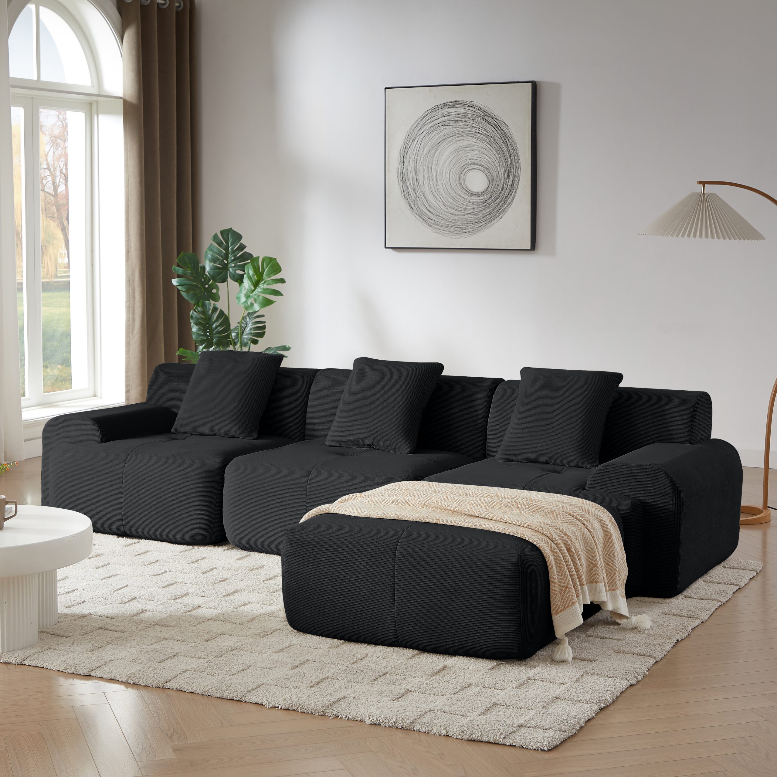 113″ Modern L-Shaped Modular Sectional Sofa for Living Room, Corduroy Upholstery black, Oversized 3-Seater Couch with Deep Seat and Movable Ottoman – No Assembly