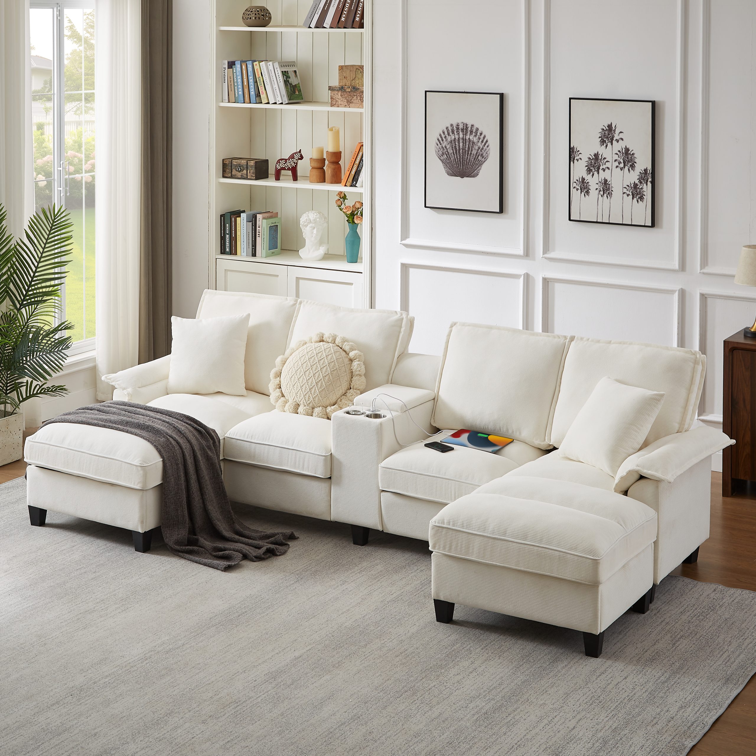 120″ Modular Corduroy Sectional Sofa Bed with Storage – Modern U-Shaped Design, 4-Seater, Perfect for Living Room, Apartment, or Lounge, Featuring Cup Holders for Added Convenience (Beige)”​​