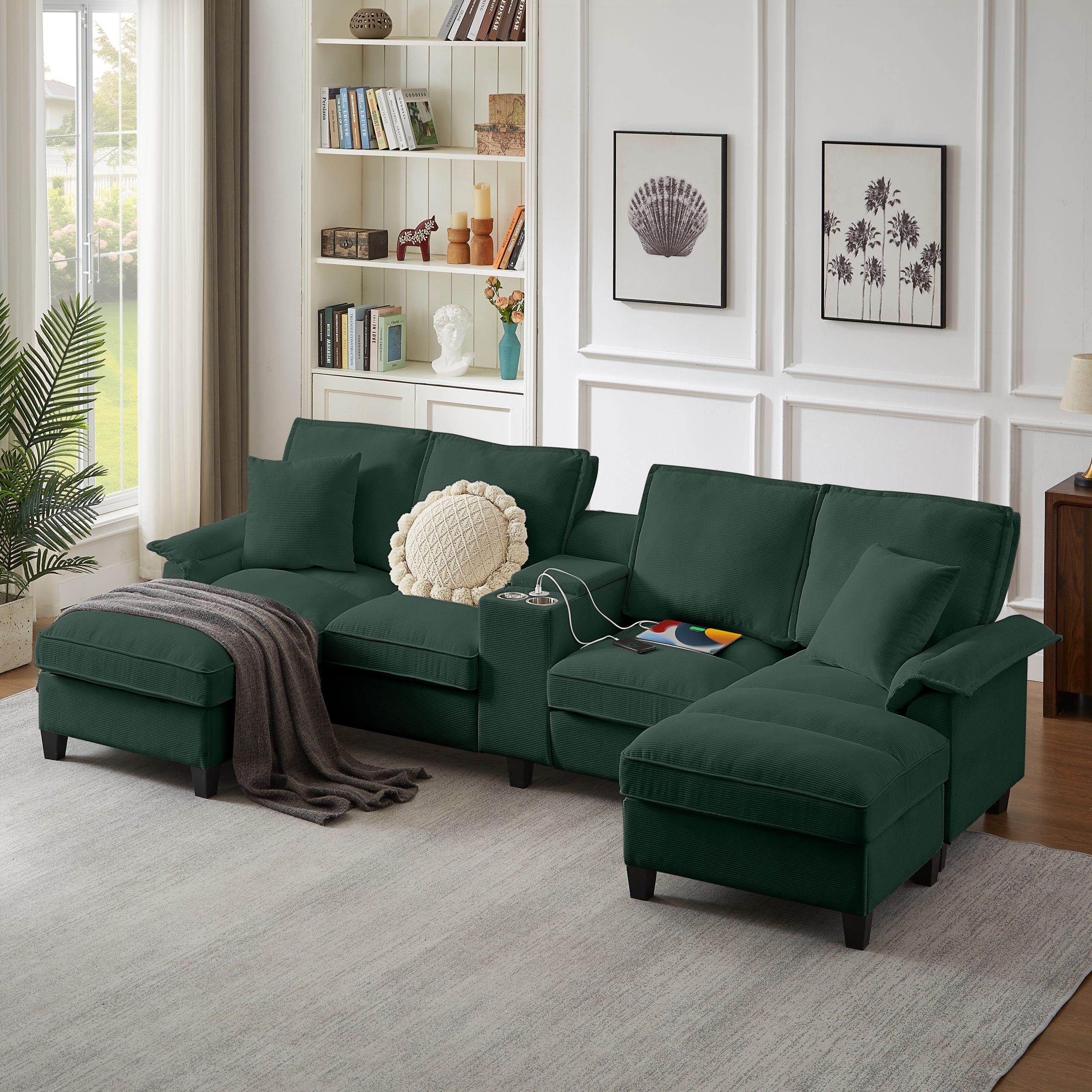 120″ Modular Corduroy Sectional Sofa Bed with Storage – Modern U-Shaped Design, 4-Seater, Perfect for Living Room, Apartment, or Lounge, Featuring Cup Holders for Added Convenience (green)”​​