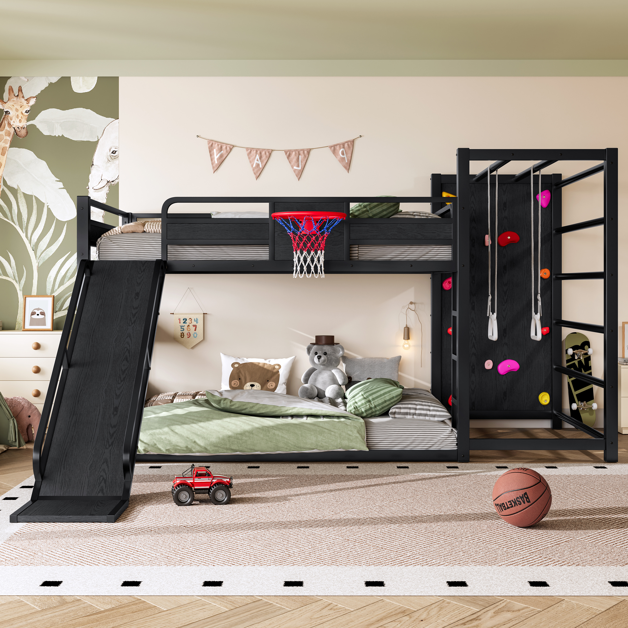 Full size metal loft bed with basketball hoop, pull-up rings, climbing wall, and built-in bookshelves. Playful children’s design featuring a slide,Black