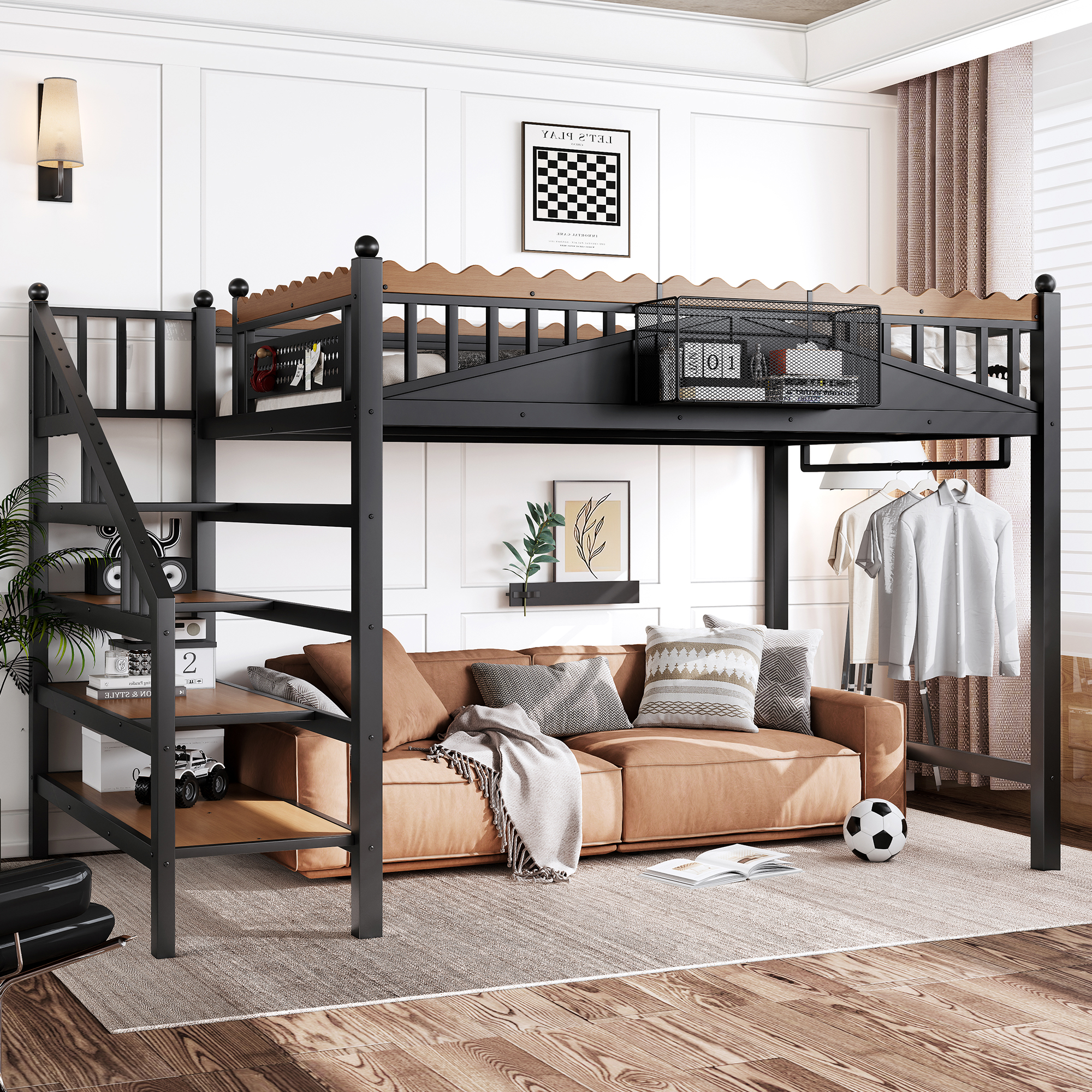 Full Size Loft Bed with Storage Stairs, Metal Loft Beds Frame with Storage Shelves and bookshelf, Loft Bed for Bedroom, Guest, Dorms, Black
