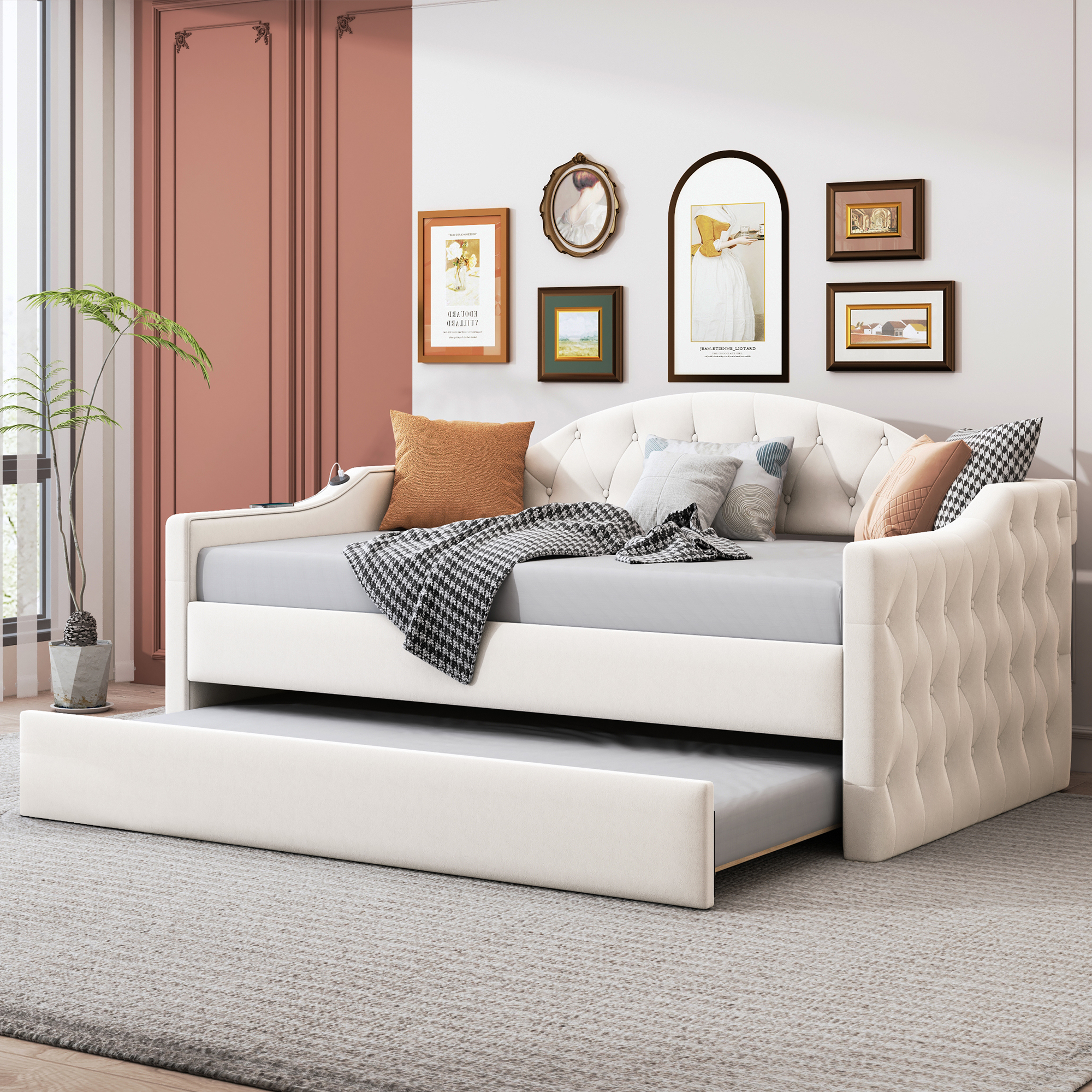 Twin Size Tufted Upholstered Daybed with Trundle ,Velvet Sofabed with USB&Type-C Charging Ports,No Box-spring Needed, Beige(Old SKU :HL000088AAA)