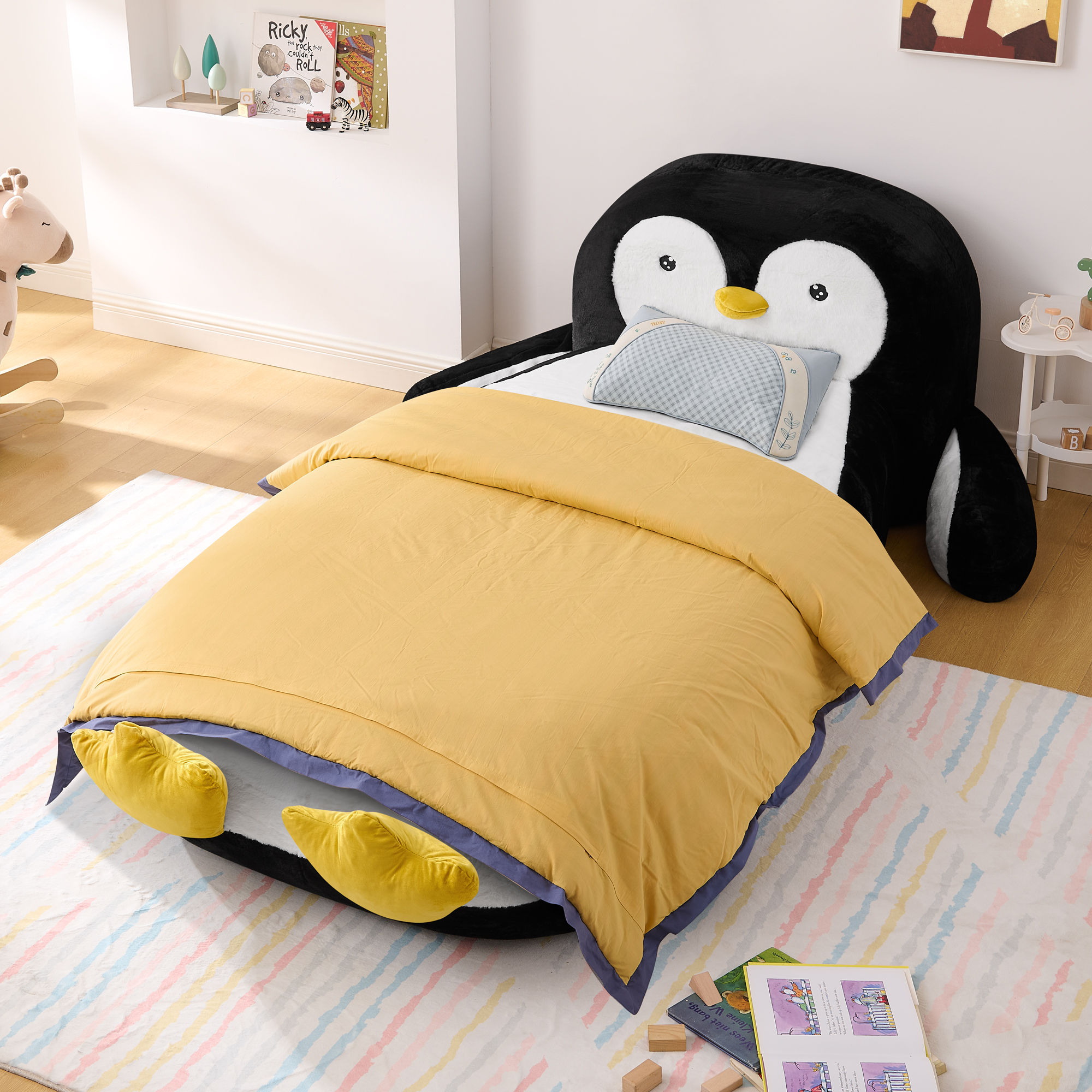 Twin Size Fluffy Faux Fur Penguin Shaped Bed Lounger Chair with 100% Sponge Filling for Kids Bedroom Playroom (88”x45”x29.5”)
