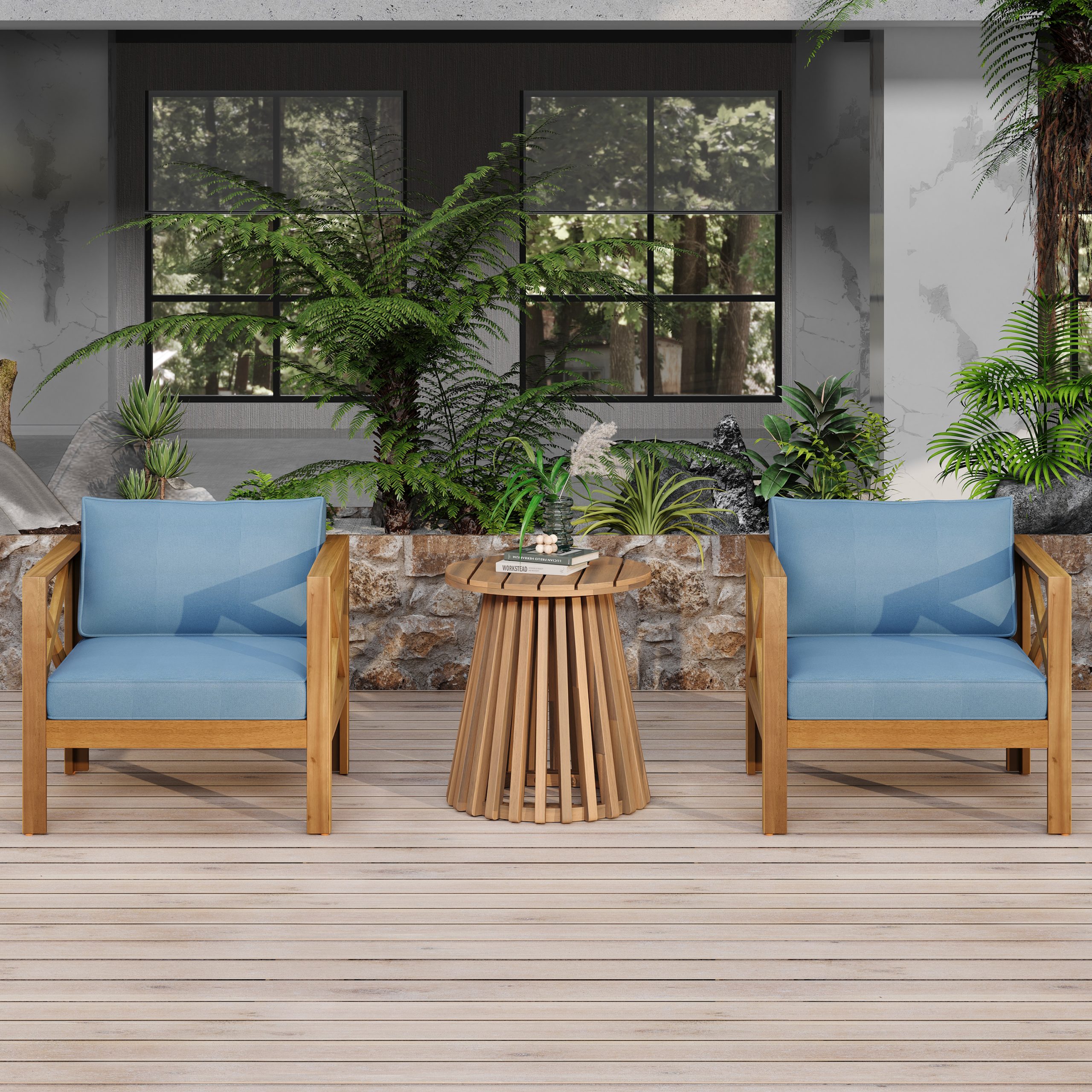 Patio Conversation Set, Outdoor Wood Leisure Seat(Set of 2),Armchair with Cushions,Acacia Wood Patio Side Table,for Backyard, Lawn, Balcony,Teak Finish,Blue cushion