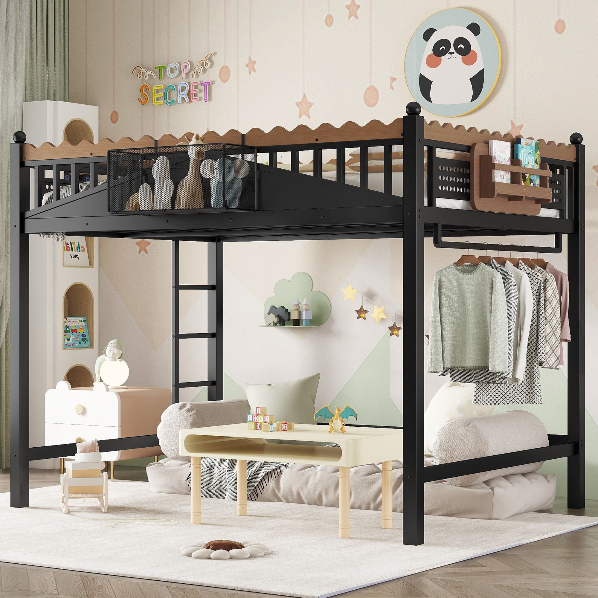 Full Size Loft Bed with Ladders, Metal Loft Bed with Storage Shelves and bookshelf, No Box Spring Needed and Chic Design, Black