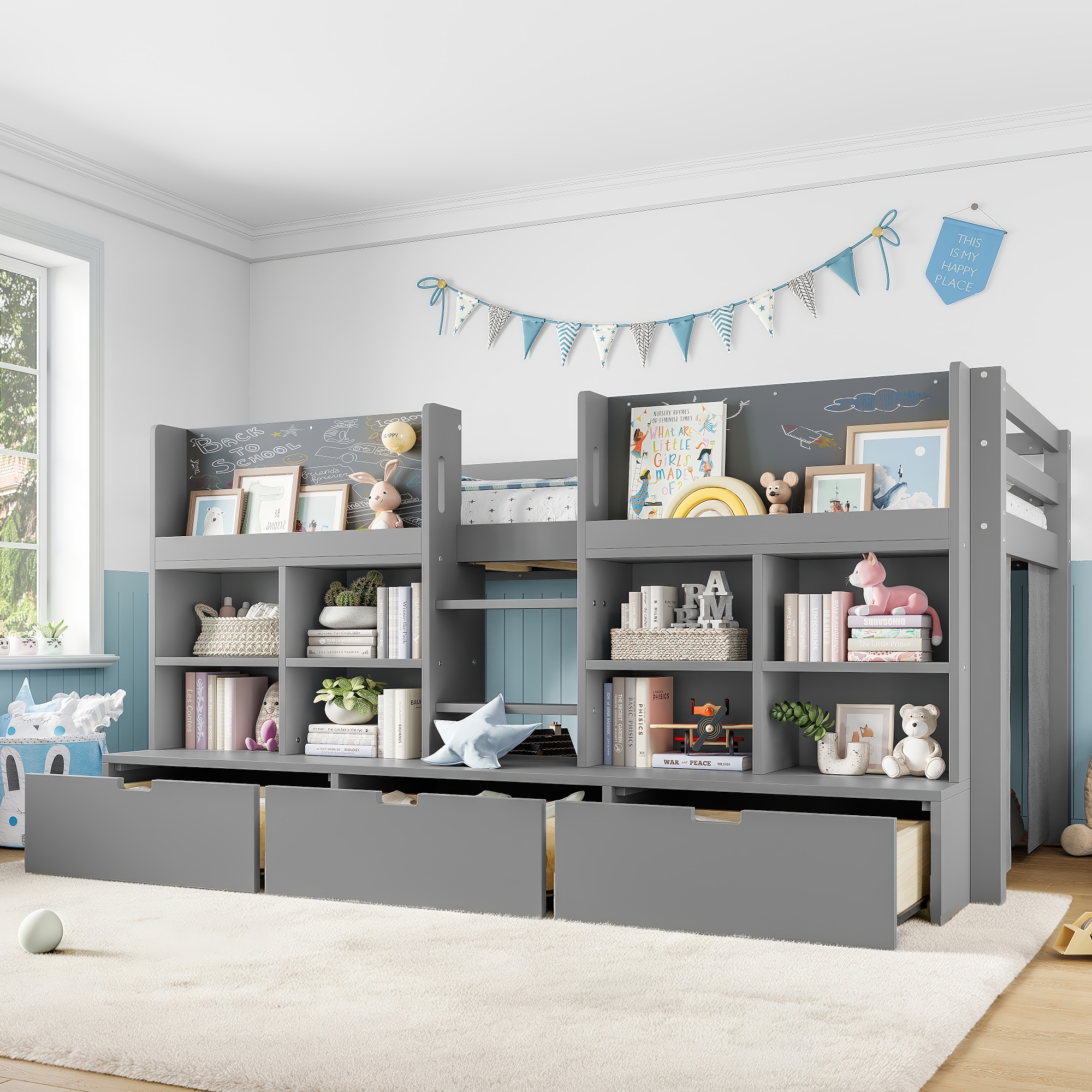 Twin Size Loft Bed with Multi-storage Shelves and Storage, Low Loft Bed with Curtain under the Bed and Chalkboard, No Box Spring Needed, Gray
