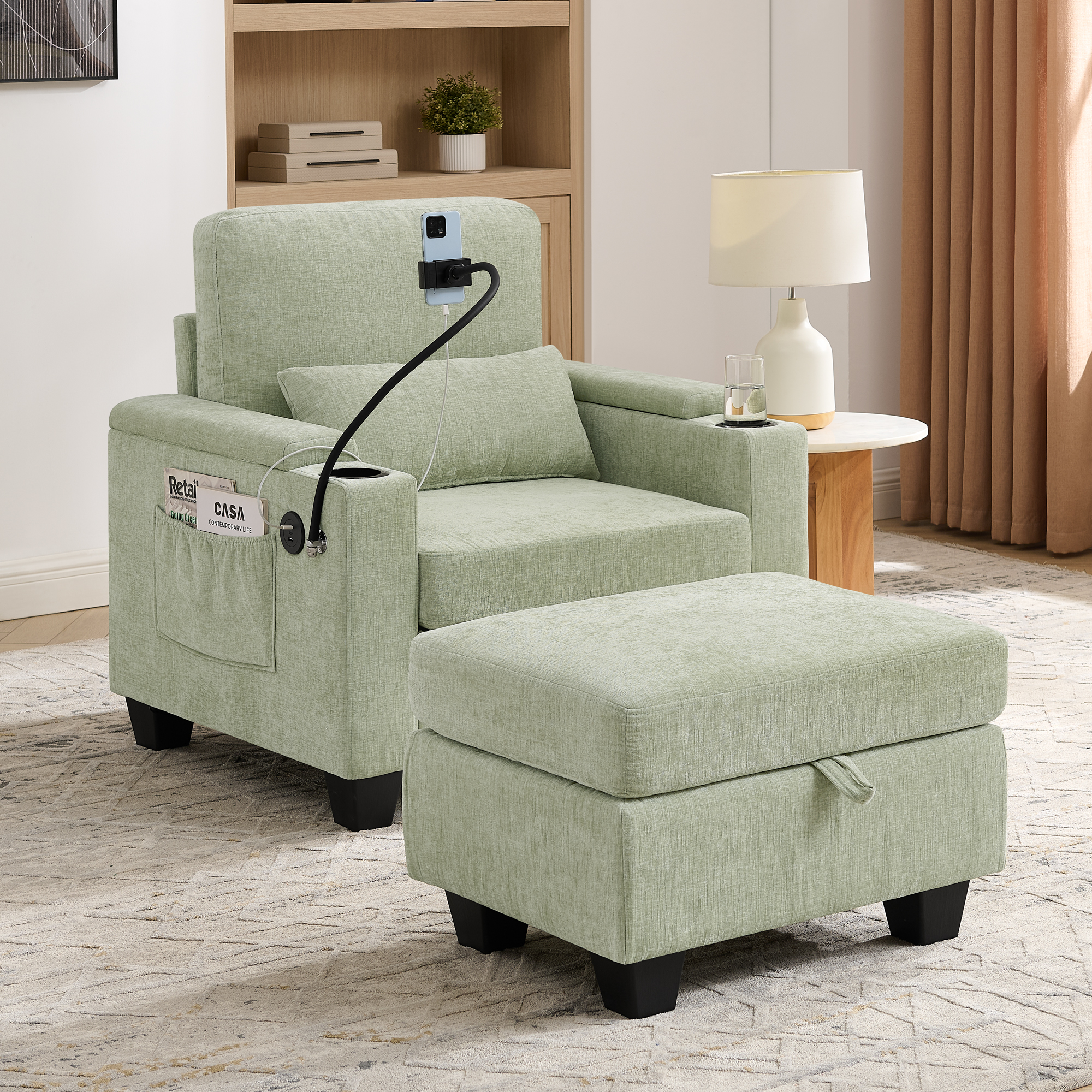 Single sofa recliner with manually adjustable backrest, USB charging port on the armrest side, phone stand included, hidden armrest storage, and a matching storage ottoman-Cyan