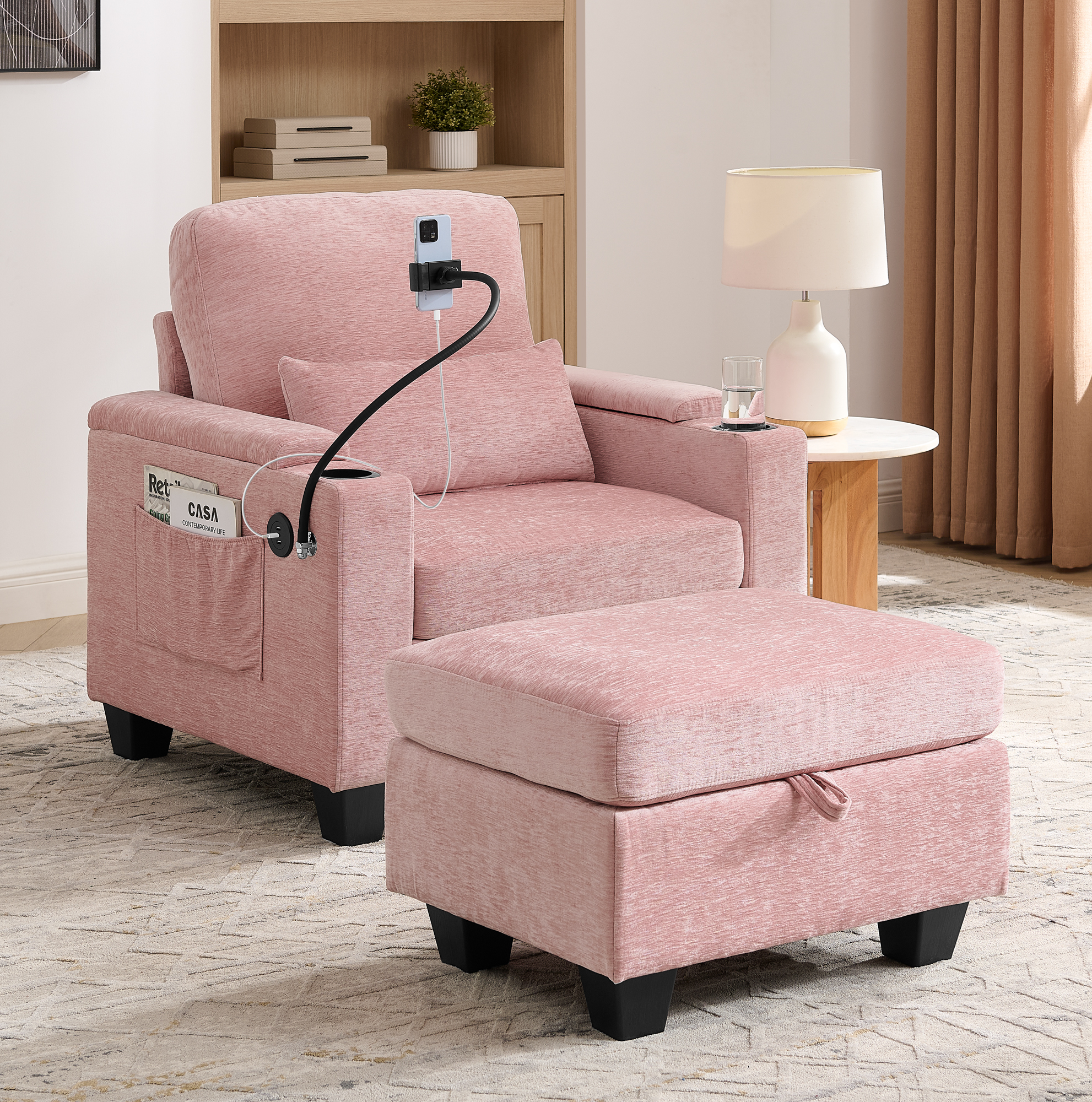 Single sofa recliner with manually adjustable backrest, USB charging port on the armrest side, phone stand included, hidden armrest storage, and a matching storage ottoman-Pink
