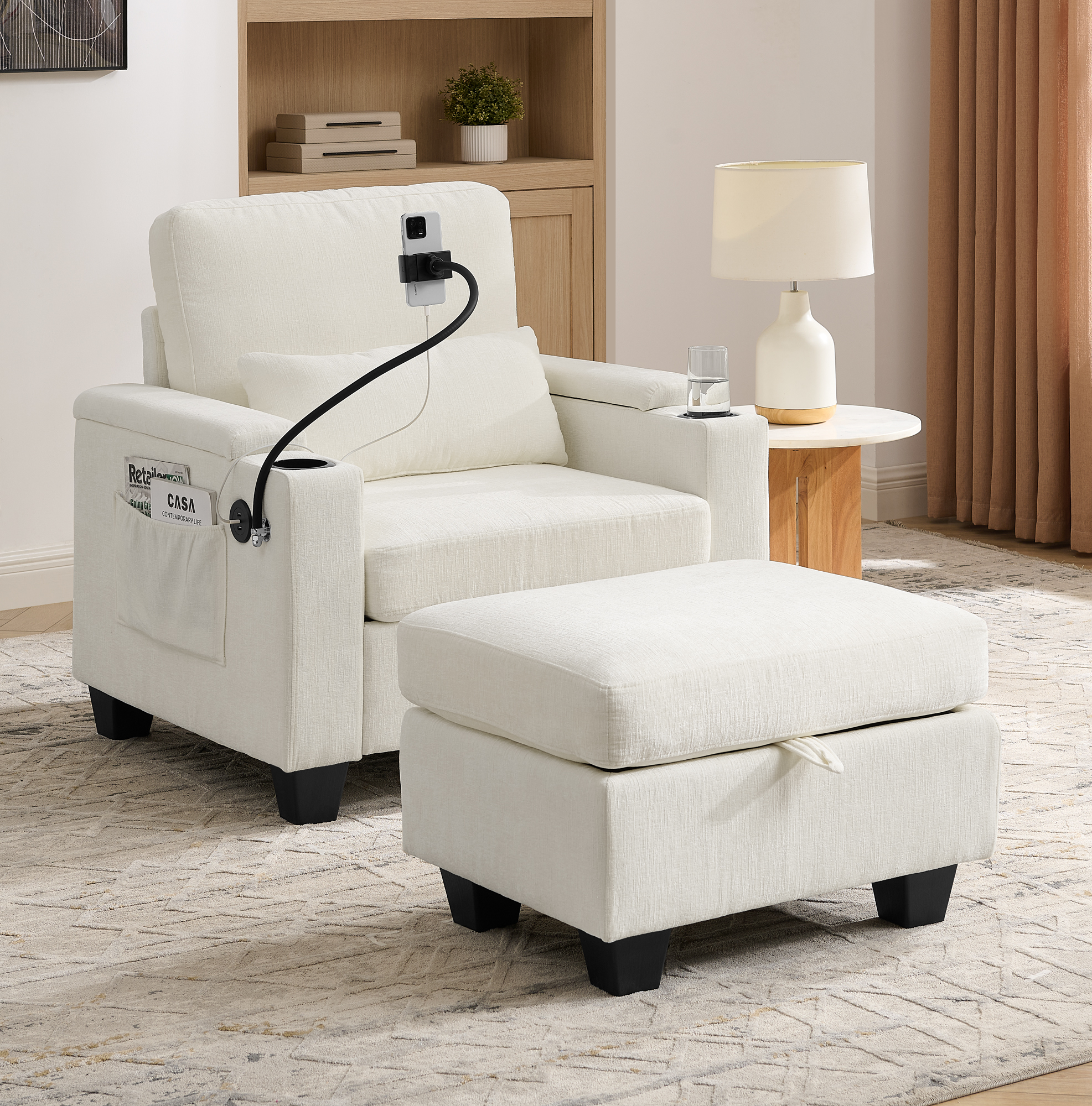 Single sofa recliner with manually adjustable backrest, USB charging port on the armrest side, phone stand included, hidden armrest storage, and a matching storage ottoman-Beige