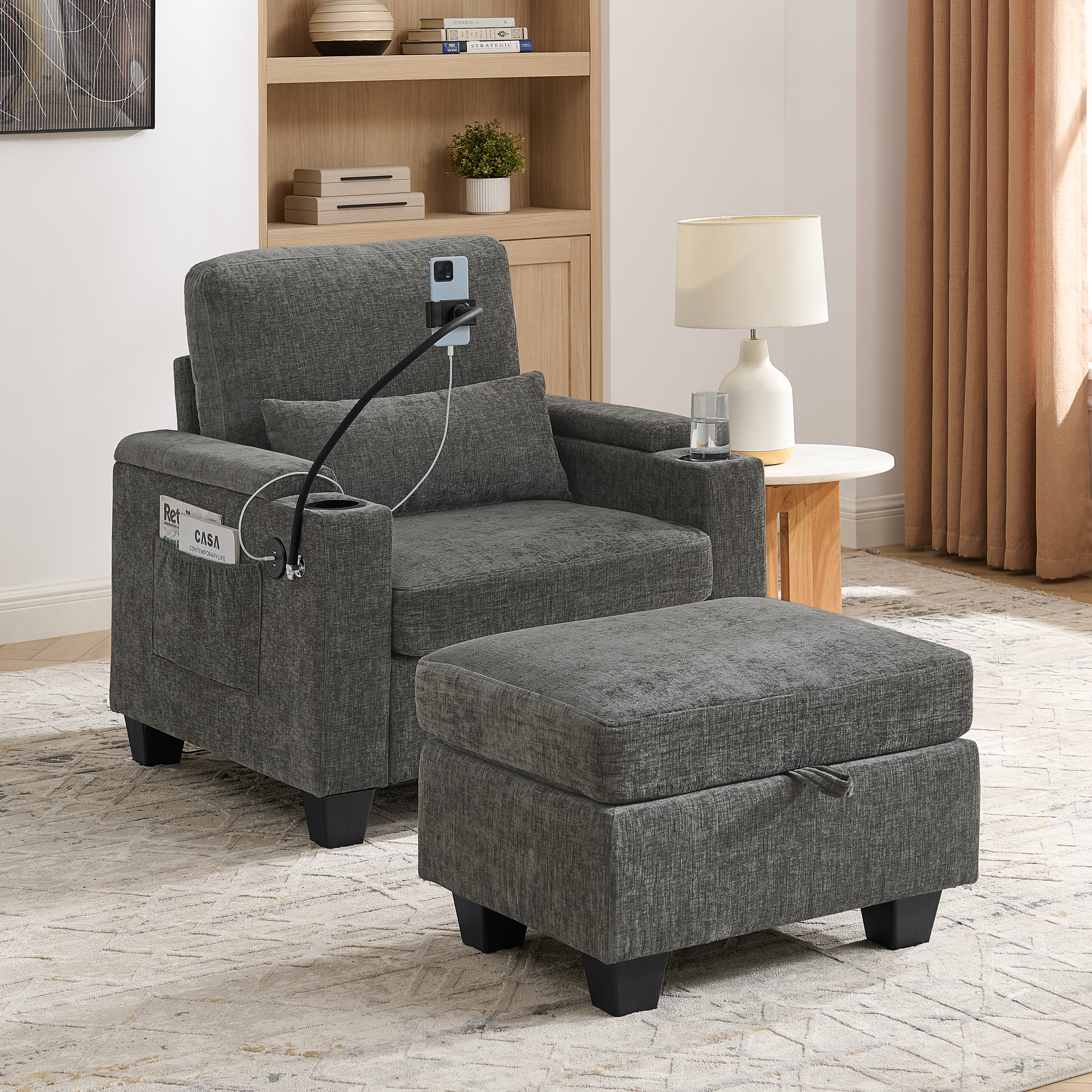 Single sofa recliner with manually adjustable backrest, USB charging port on the armrest side, phone stand included, hidden armrest storage, and a matching storage ottoman-Gray